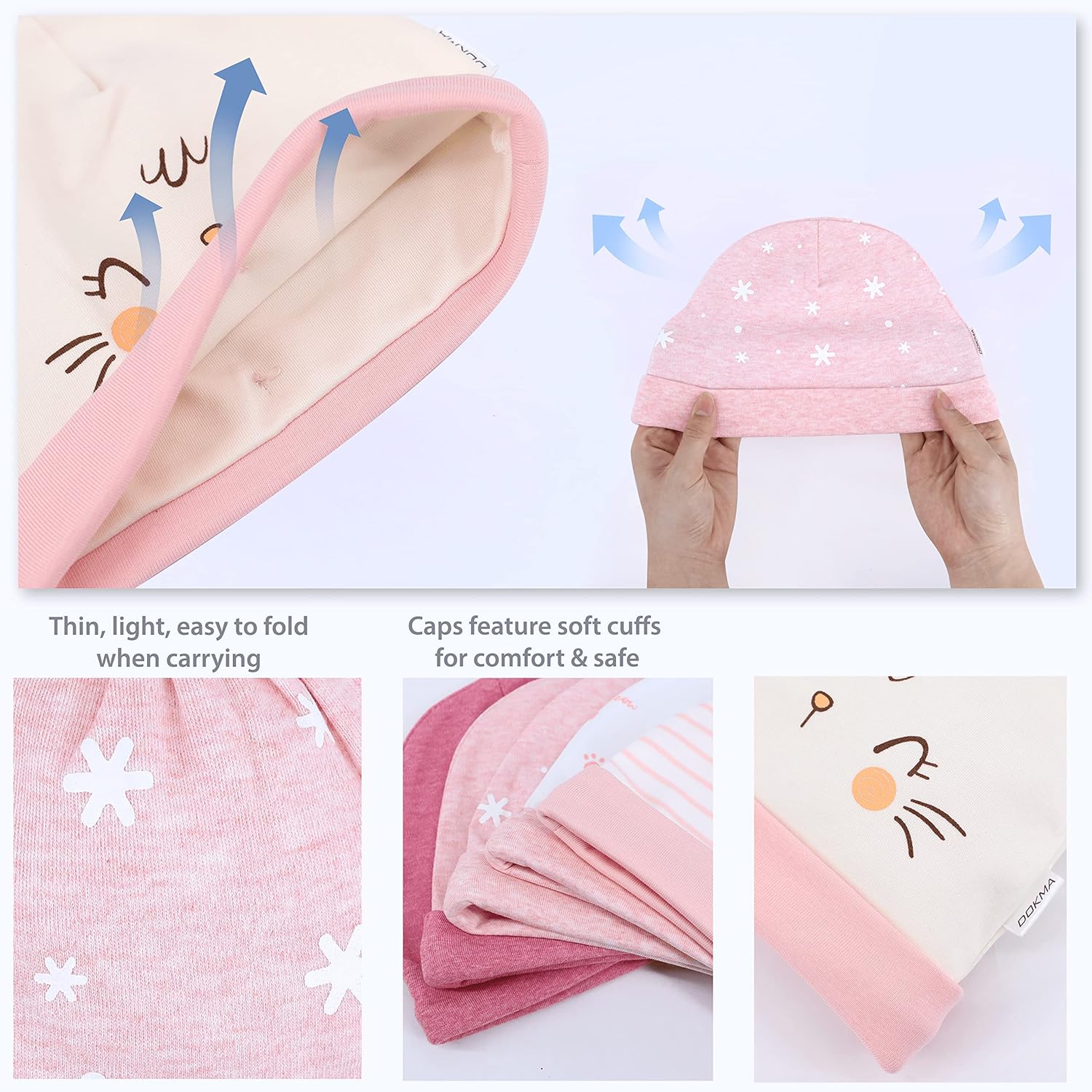 DOKMA - Organic Cotton Baby Mittens and Caps Set with Cute Bunny Design for Newborn 0-12 Months - Ultra Soft, No Scratch - 5 Caps x 3 Mittens - Image 4