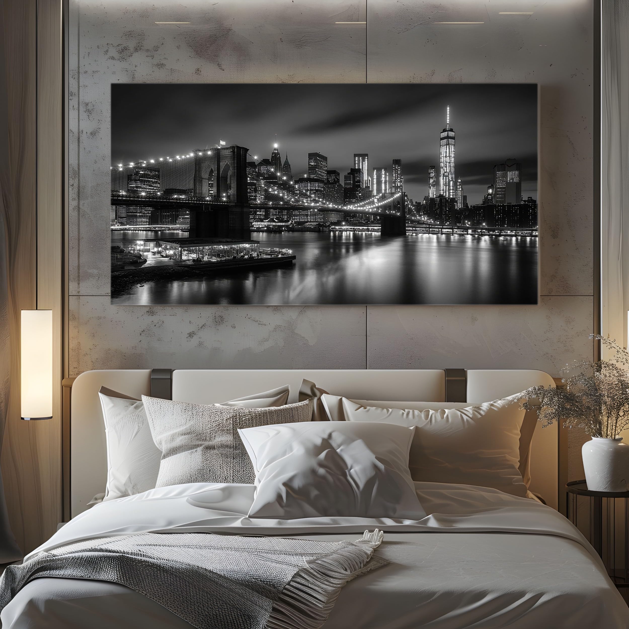 ZORYAN Quadro su Tela Paesaggio Urbano Città Senza Cornice 50x100 cm | Pittura Moderna per Salotto e Soggiorno Architettura Edificio Decorazioni da Parete Grandi Dimensioni Notte in Bianco e Nero