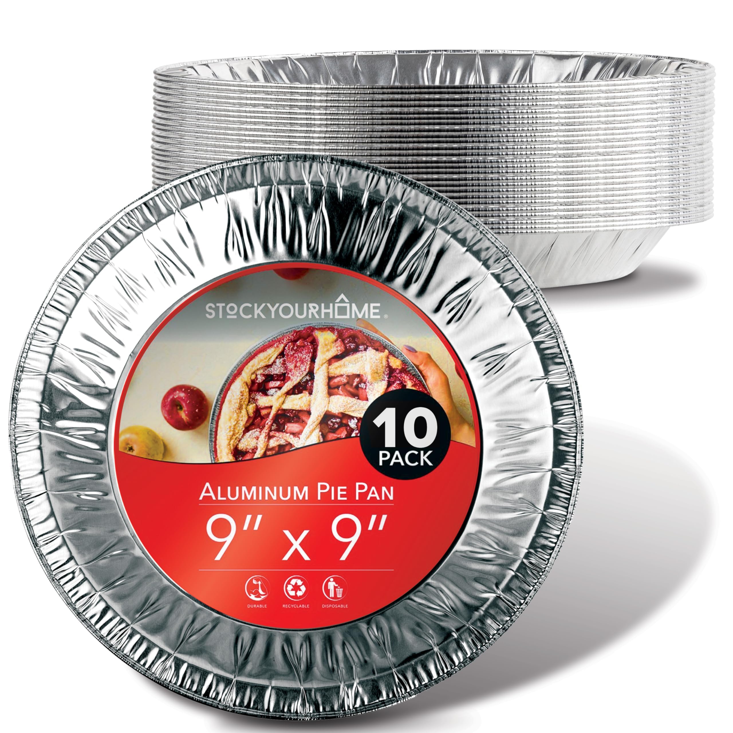 Stock Your Home 9 Inch Aluminum Tart Pie Pans (10 Count) - Disposable & Recyclable Large Pie Pan - Foil Pie Tin for Bakeries, Cafes, Restaurants - Durable Large Foil Pans for Pies, Fruit Tarts, Quiche