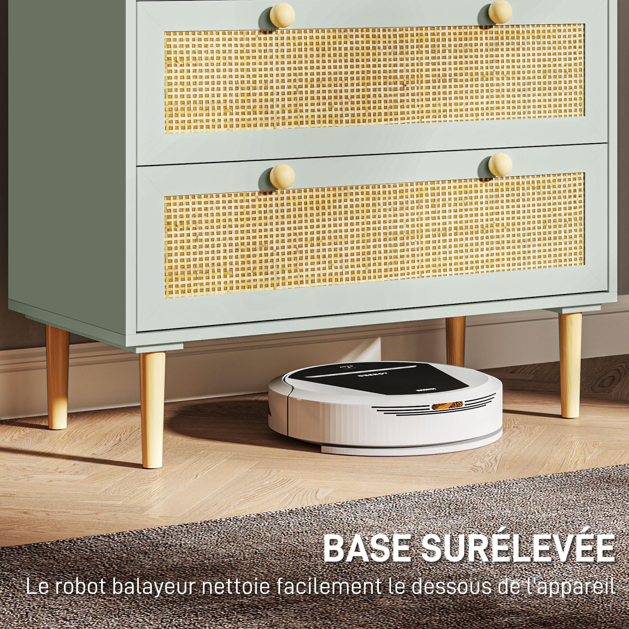 HOMCOM Commode 3 Tiroirs Rangement Bohème 80 x 40 x 87,5 cm Vert Olive | Commode Chambre, Meuble de Rangement, Effet Rotin Naturel, Cadre en Bois, pour Chambre à Coucher, Salon, Entrée