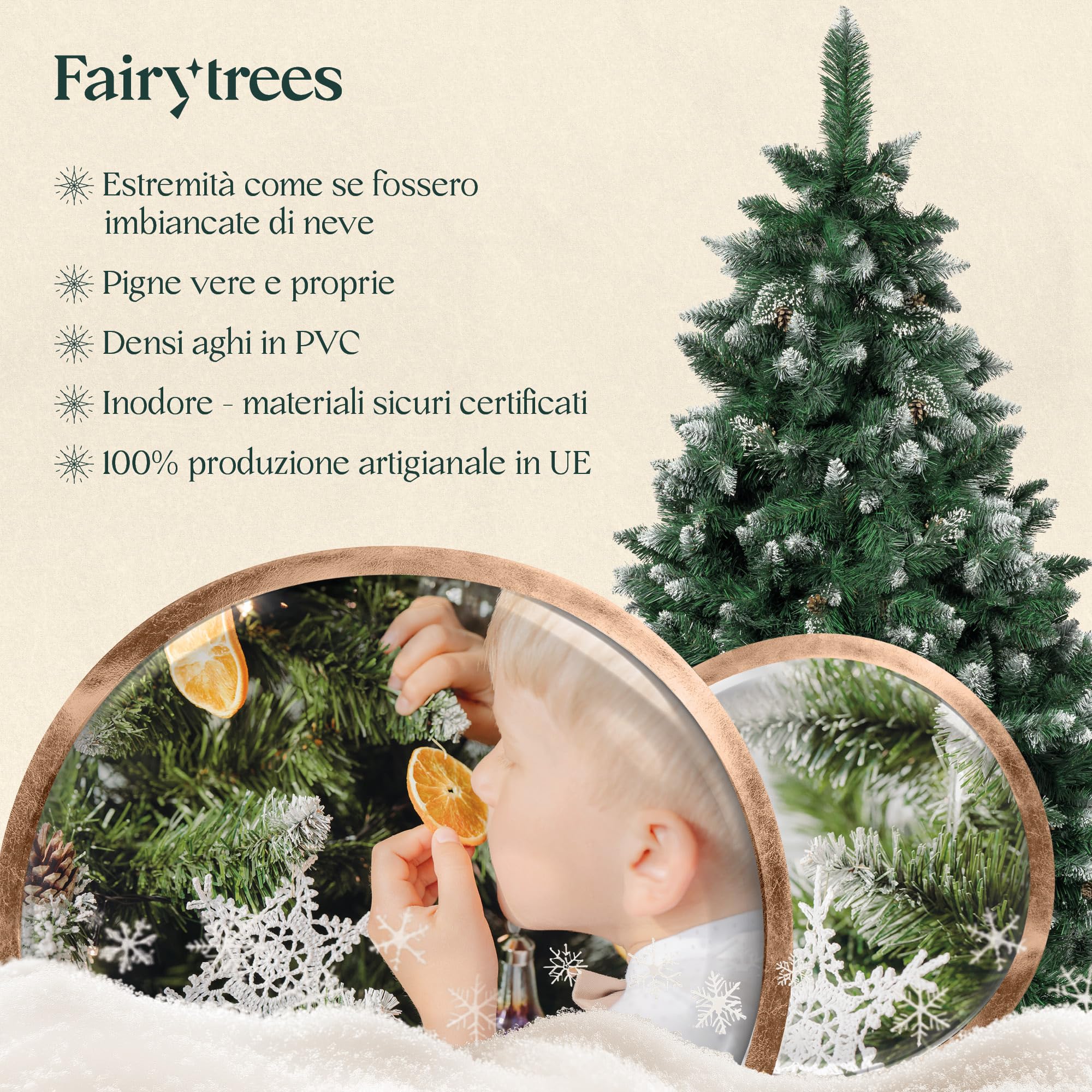 Albero di Natale artificiale FairyTrees 180cm pino naturale con supporto in legno | Abete di Natale con pigne naturali e punte bianche innevate | Facile da Montare | Prodotto in EU