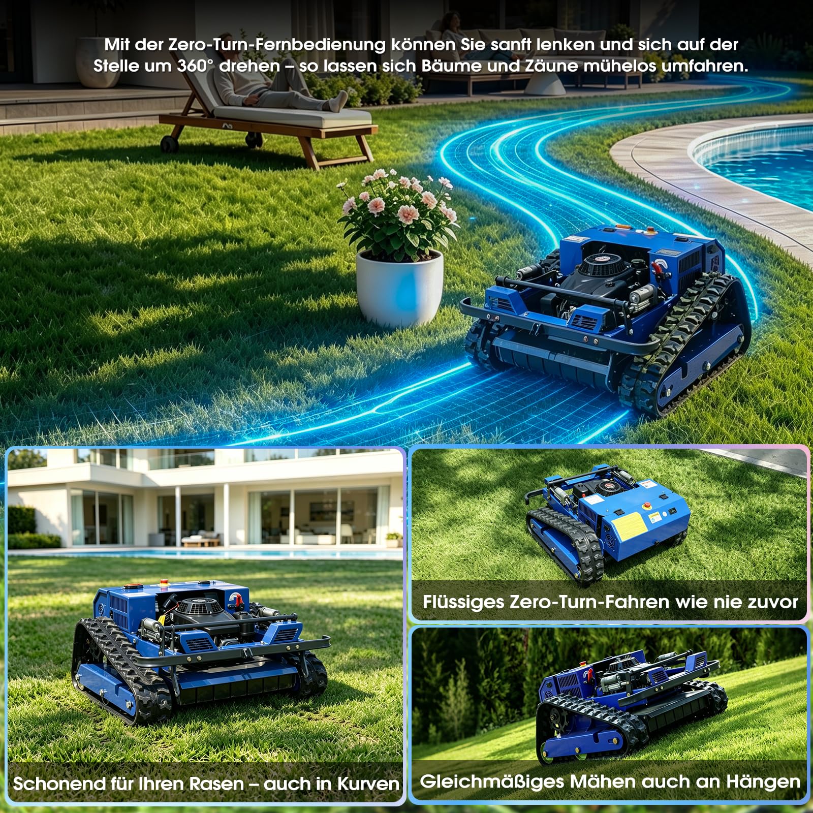 Tondeuse tout-terrain RC - 9 CV essence 55 cm pente 45° lame remboyant 1600W brushless zéro cycle de rotation - cour, plantation de fruits, herbe dense - tondeuse à chenilles professionnelle