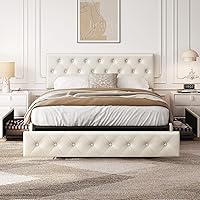 Vista 3 de Yaheetech Base de cama Queen tapizada con cabecera ajustable con botones de diamante, 3 cajones de almacenamiento, cama de plataforma queen/listones