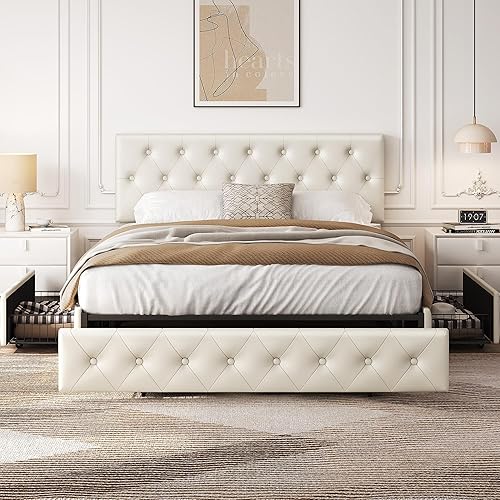 Miniatura 3 de Yaheetech Base de cama tapizada tamaño Queen con 4 cajones de almacenamiento y cabecera ajustable, plataforma de piel sintética con base de colchón,