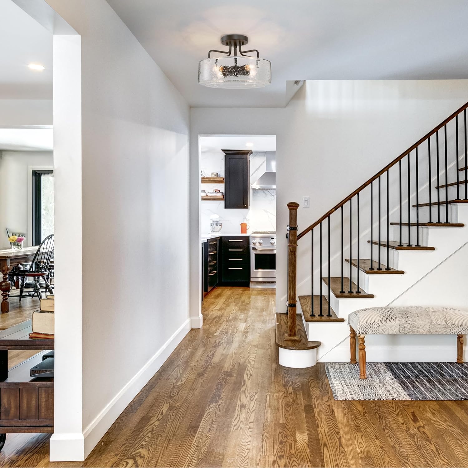 Semi Flush Mount Ceiling Light, 4-Light Modern Close to Ceiling Light Fixtures with Seeded Glass for Bedroom, Hallway, Kitchen, Entryway, Oiled Rubbed Bronze Finish