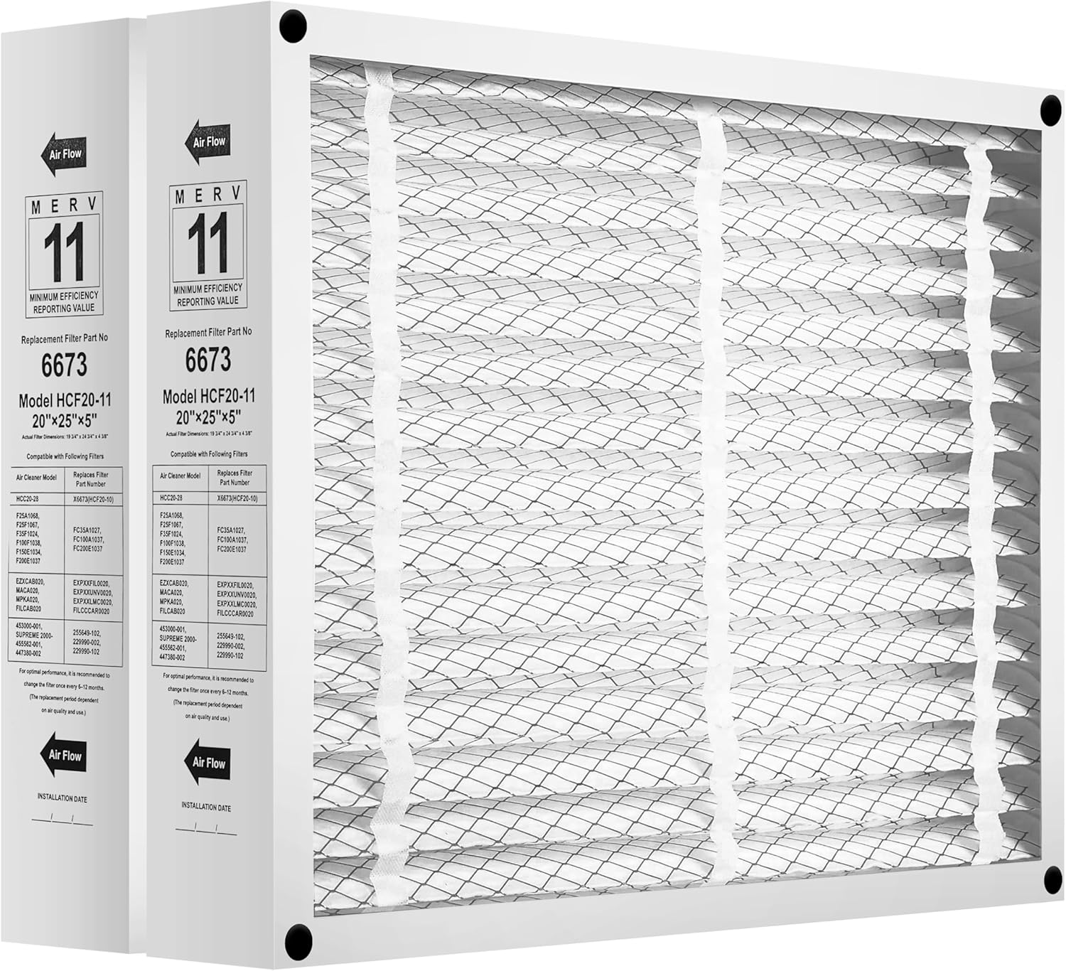 2 Pack X6673 20x25x5 Replacement Air Filter for Lennox X6673 HCF20-11, FC100A1037, Furnace HVAC System, MERV 11, Actual Size: 19.75 x 24.75 x 4.38 Inches