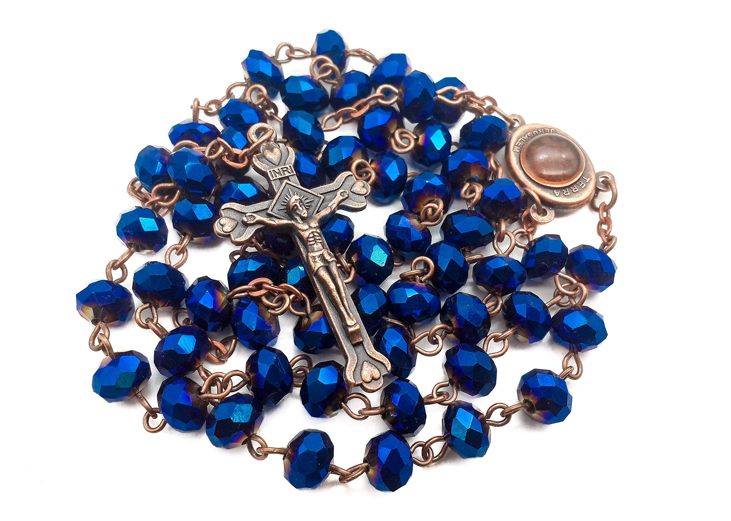 Nazareth StoreDeep Blue Crystal Beads Rosary Necklace Catholic Prayer Jerusalem Holy Soil Medal Cross Antique Religious Rosaries Beads Collection