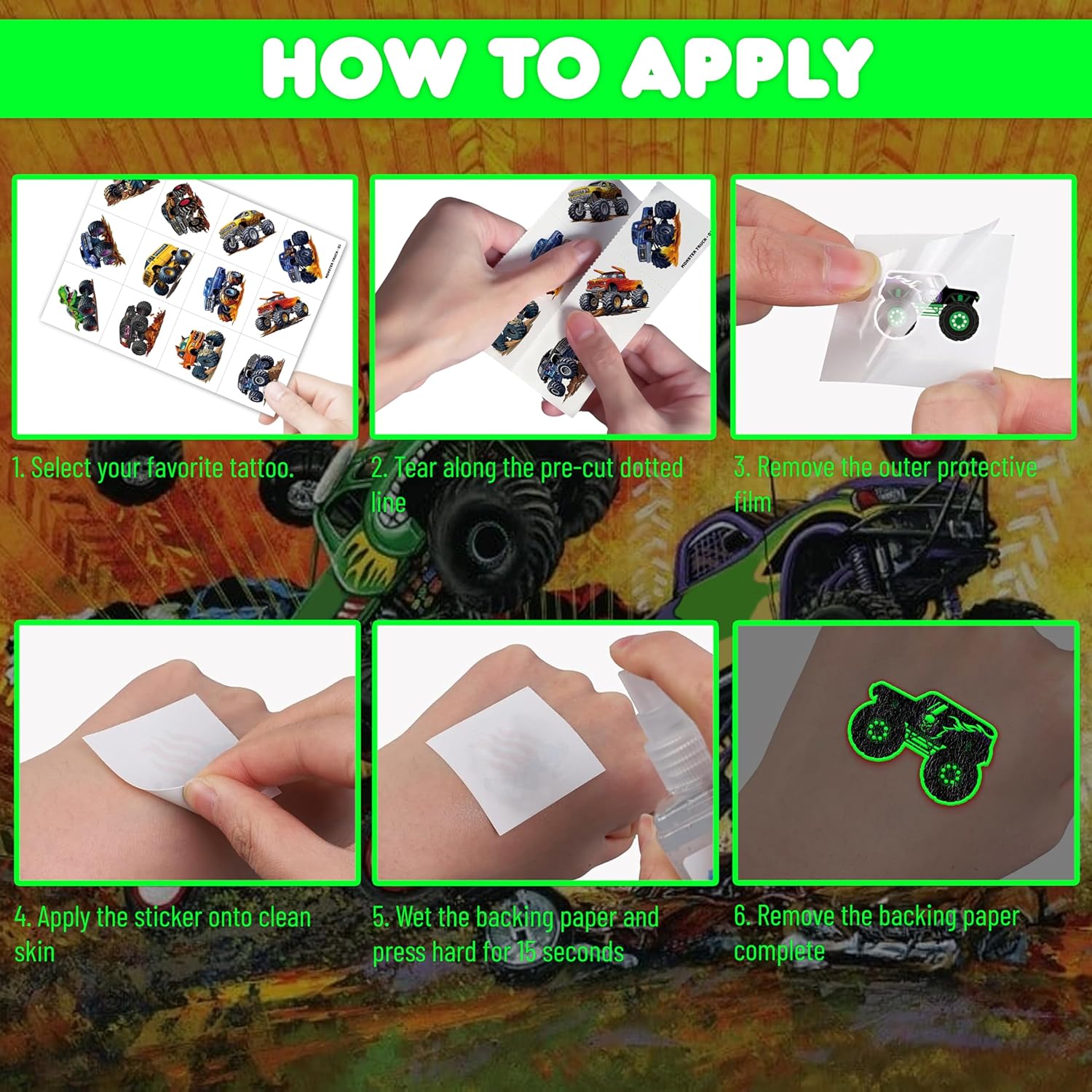 96 PCS Monster Truck Race Car Pre-Cut Luminous Glow in the dark Temporary Tattoos for Kids | Super Cute Themed Birthday Party Favors Supplies Decorations, Fake Tattoos Rewards & Gifts for Boys Girls - Image 8