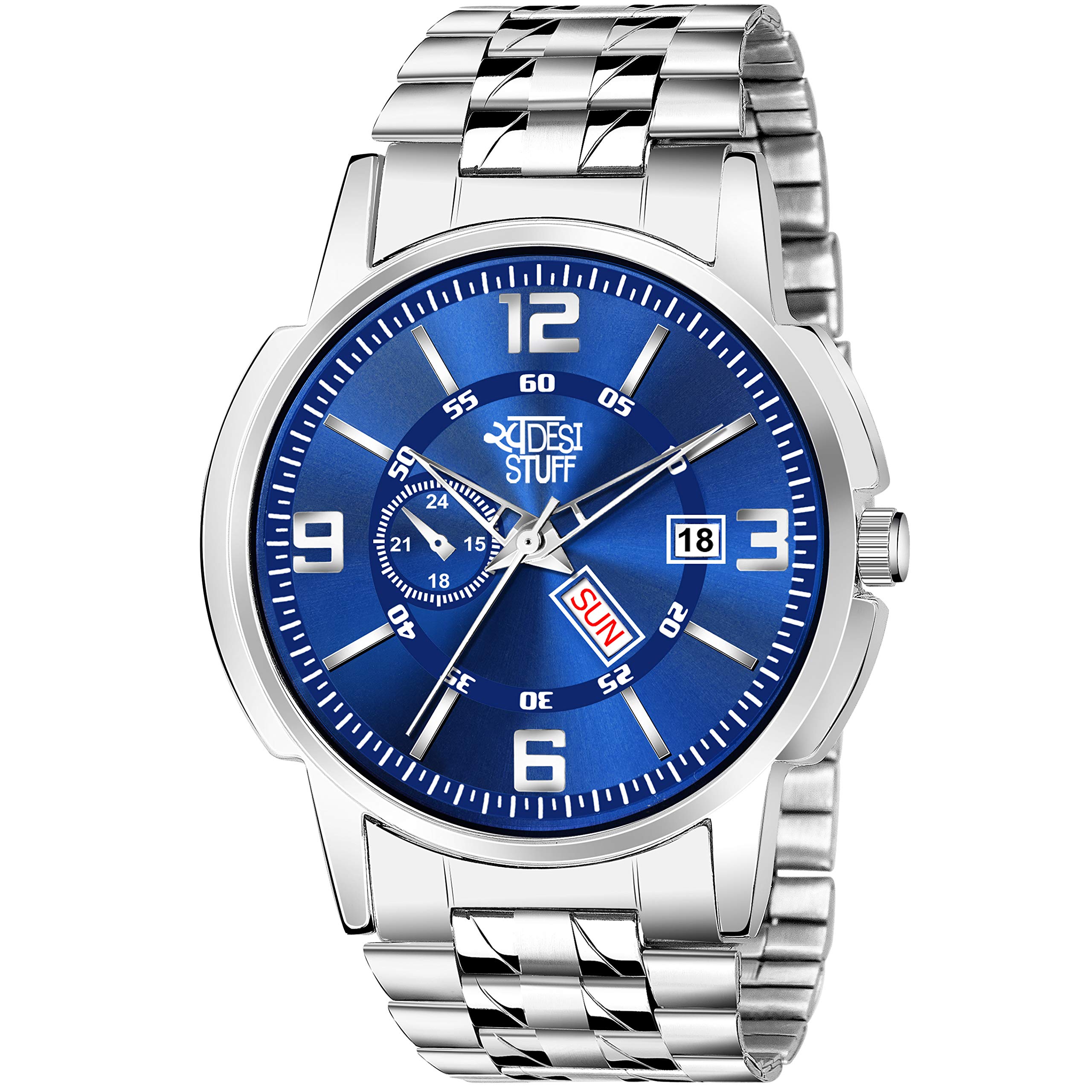 SWADESI STUFF Stainless Steel Blue Dial Day And Date Functioning Analogue Watch For Men, Silver Band (B08XLQQT78) Amazon Price History, Amazon Price Tracker