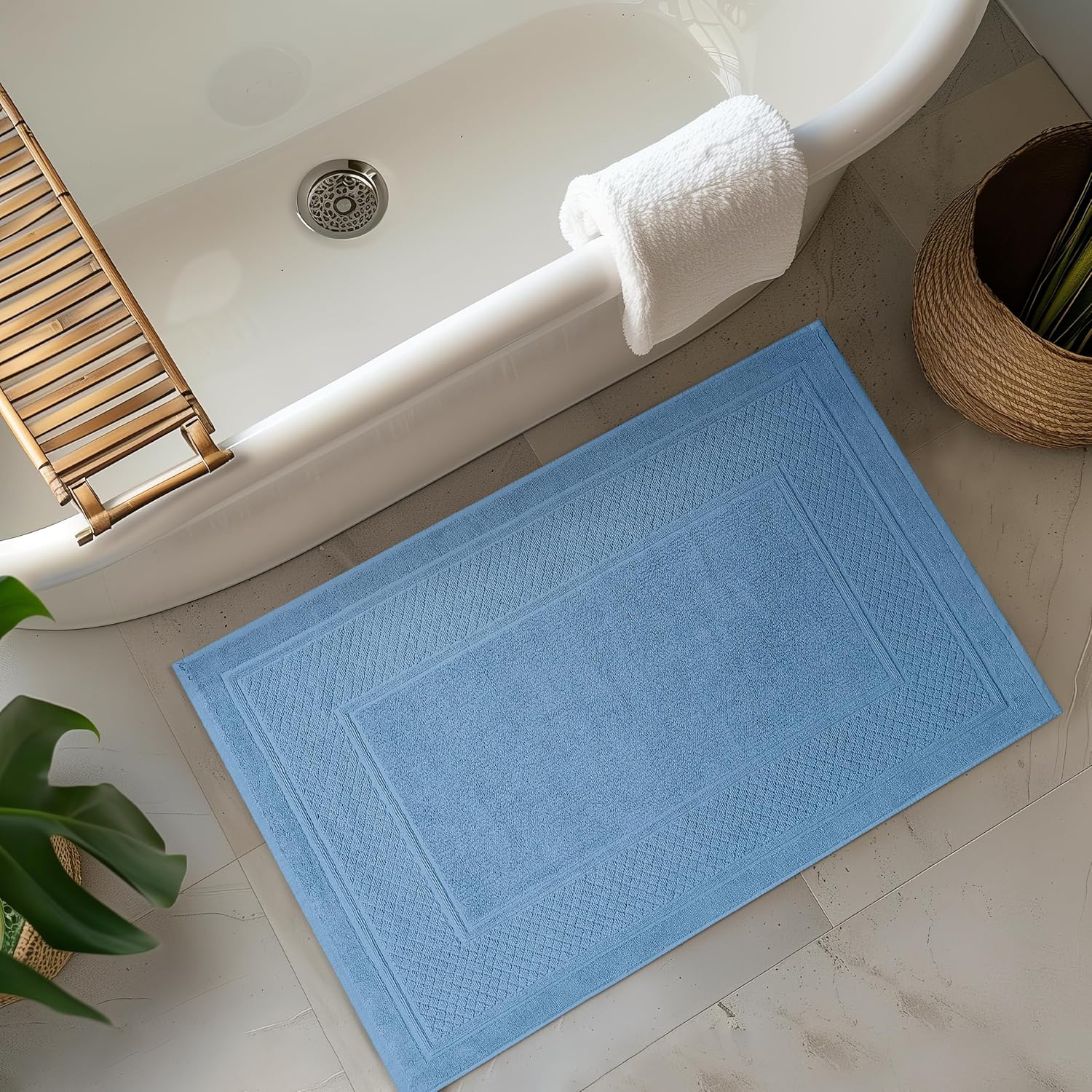 Avalon Towels Light Blue Bath Mat - 100% Cotton Set of 2 Absorbent Bathmat - Bathroom Mats Quick Dry Bath Mats for Bathrooms (22x34 Inches)