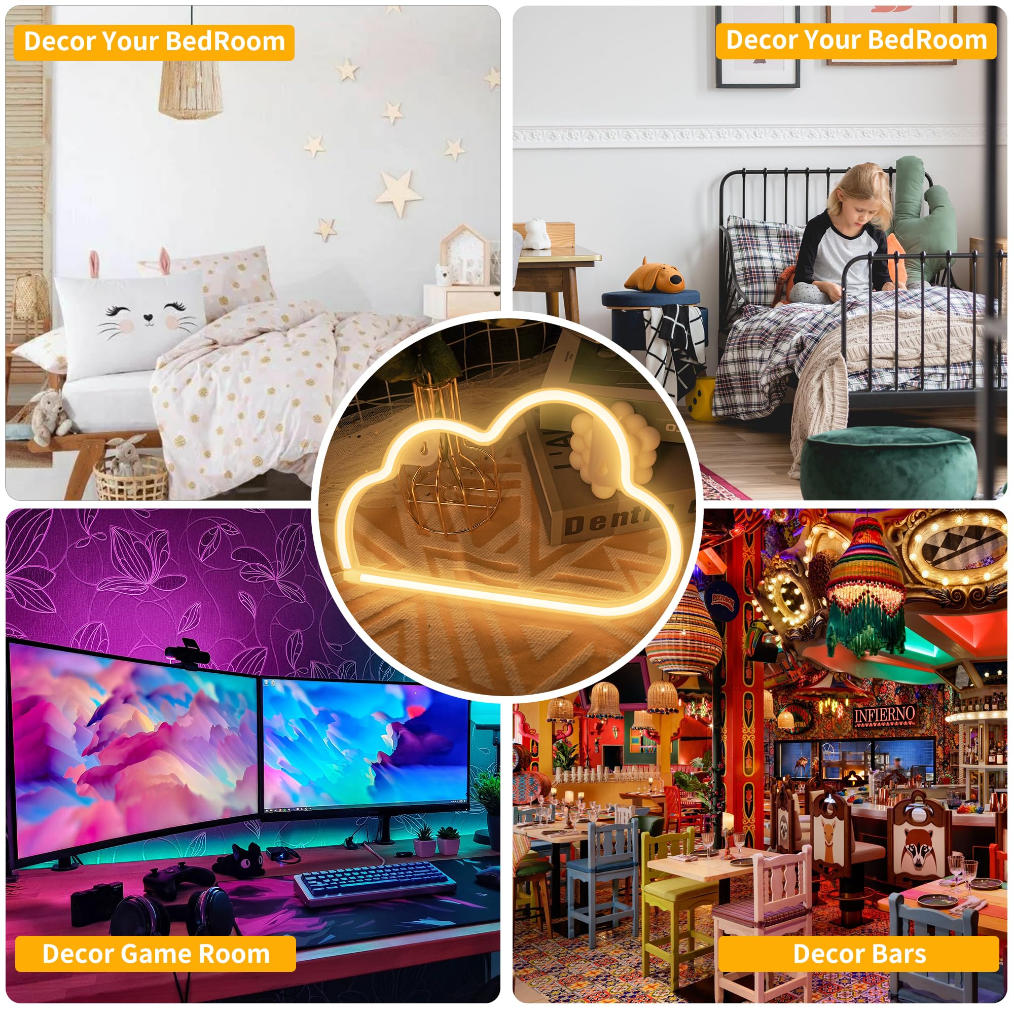 BringLuck2U Insegna al neon a LED, per decorazione da parete, per camera dei bambini, festa di compleanno, matrimonio, decorazione natalizia (bianco caldo)