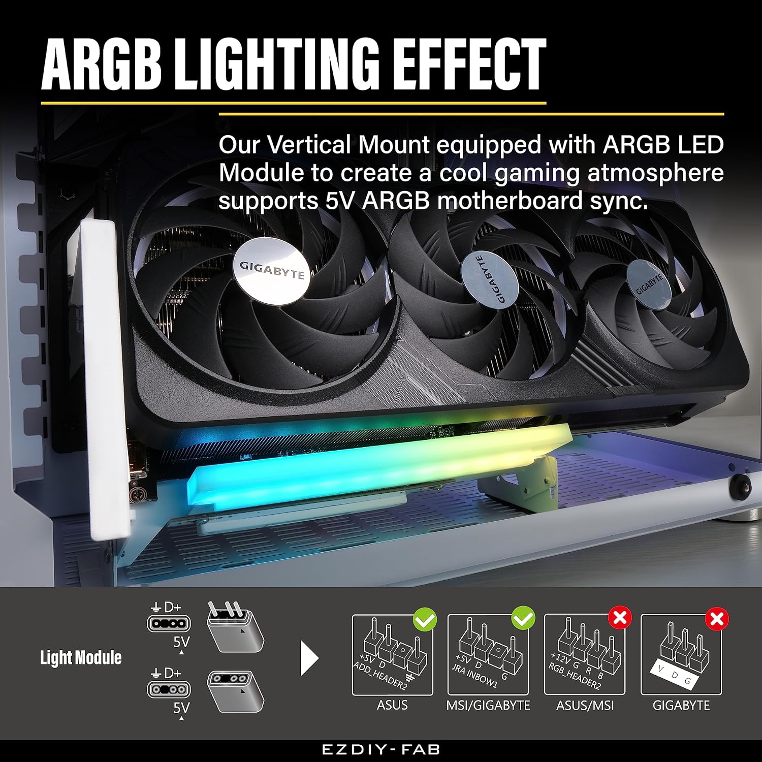 EZDIY-FAB PCIe 4.0 GPU Mount Bracket with ARGB LED Module, Multi-Angle Adjustment with All White Riser Cable, Compatible to RTX4090, 4080, 4070ti - White