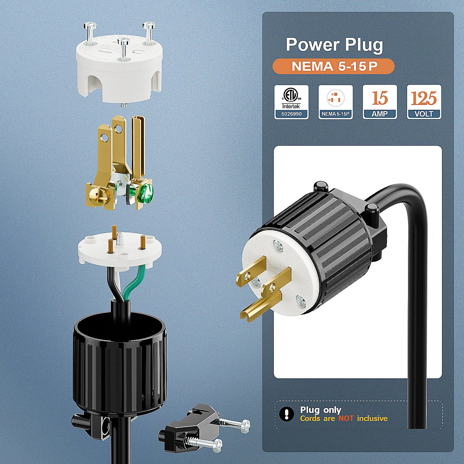 3-Prong Replacement Plug, WINXUS 15A 125V Heavy-Duty Extension Cord Ends, ETL Listed NEMA 5-15P Male Plug, Easy Install for Power Tools & Cords, Black & White