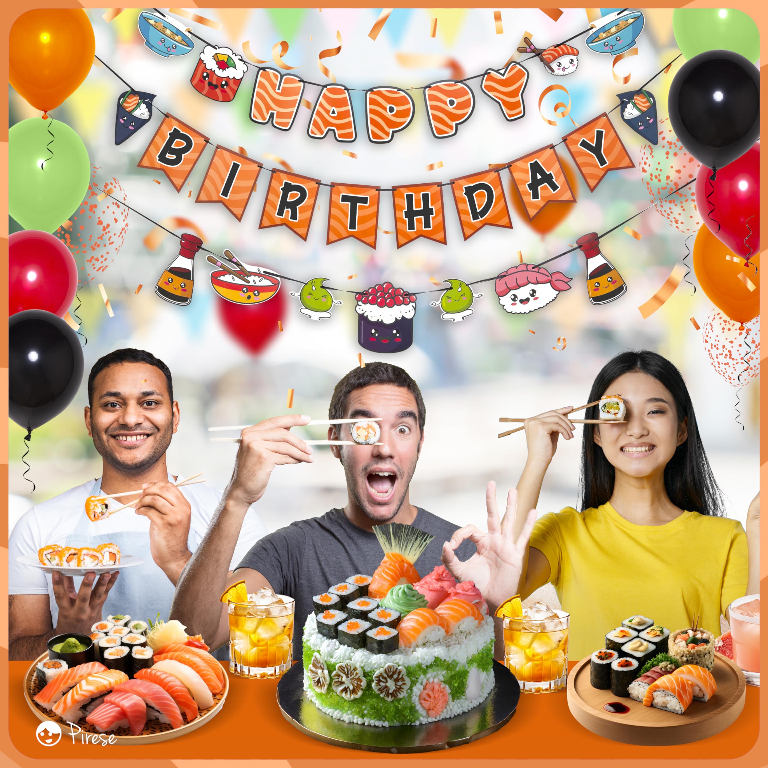 Decoraciones de fiesta de cumpleaños de sushi para niños y adultos - Suministros de fiesta de sushi japoneses, decoración de cumpleaños asiática, bonitas decoraciones de fiesta temática de 7