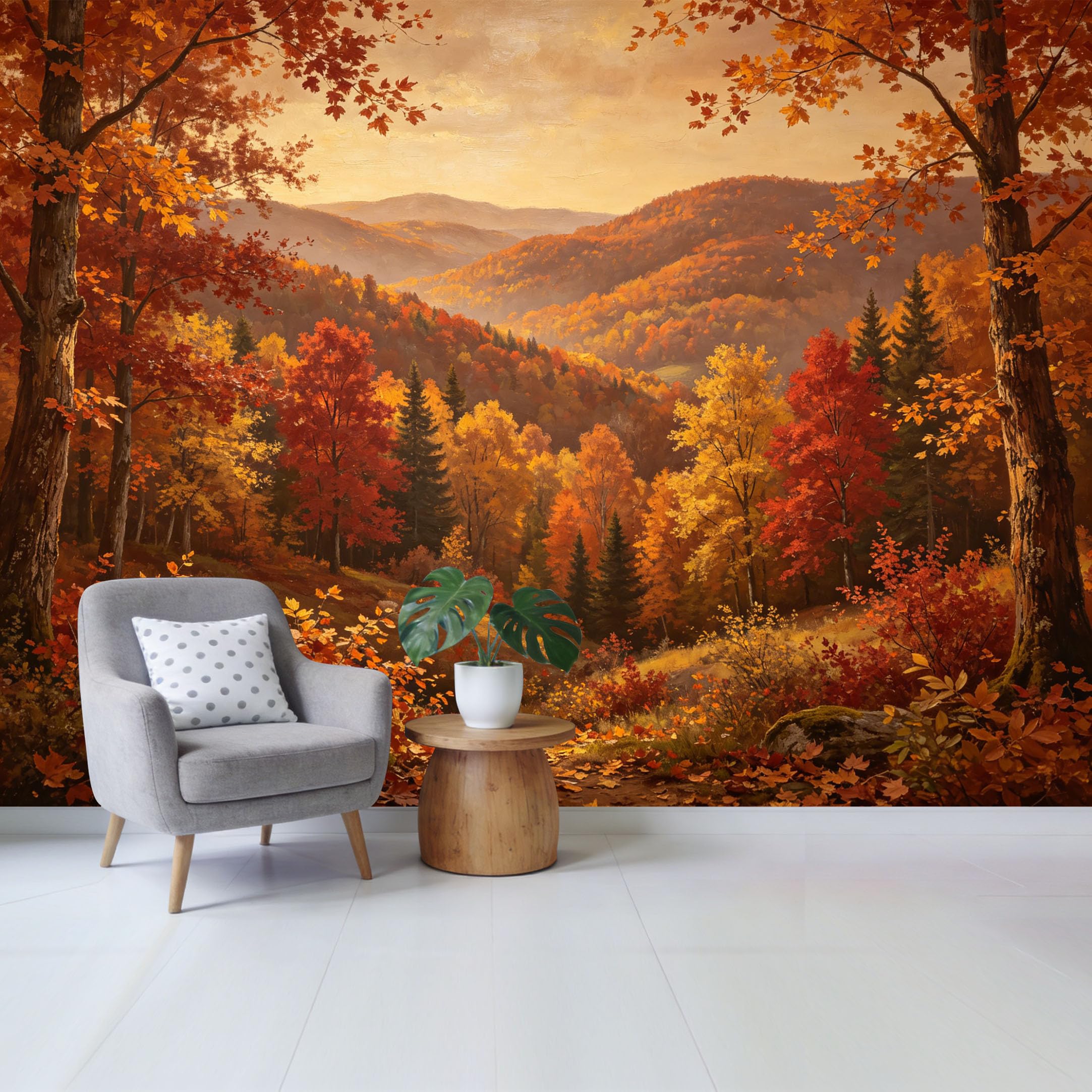 Custom Size Wall Mural Autumn Forest Landscape Oil Painting Vibrant Maple Trees Sunset Mountain View SelfAdhesive Wall Fabric Removable Wallpaper for Home Office Decor