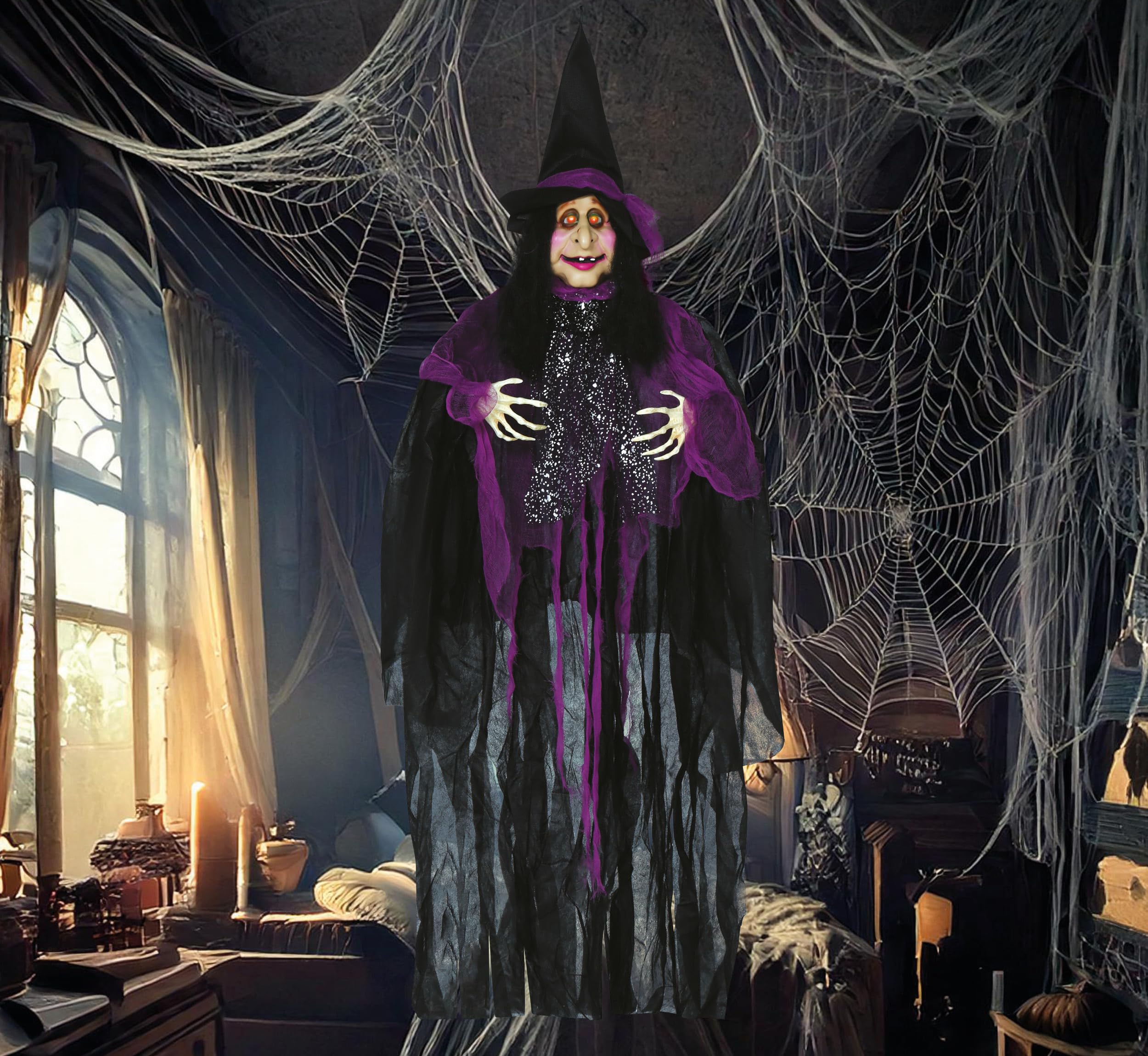 FIESTAS GUIRCA | Witch Pendant with Light and Sound (120 cm) - Halloween Decoration for Parties and Celebrations - Ideal for Spooky Environments and Scary Scenes - Grey and Black