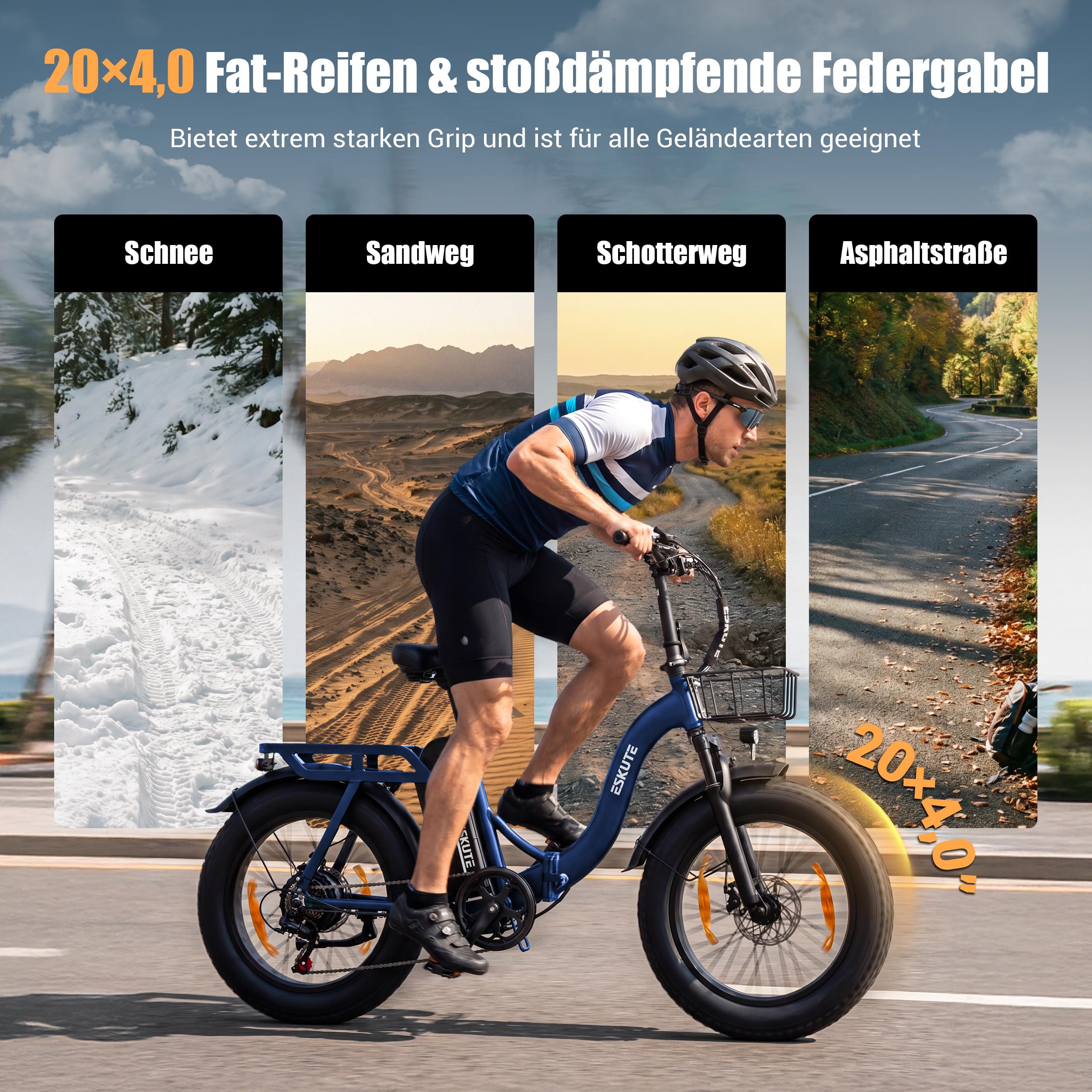 ESKUTE E-Bike D202 PRO, 20×4 Zoll faltbares Fatbike, 48V 20,8Ah Akku, bis 100 km Reichweite, 250W Motor, 7-Gang Schaltung, für Herren & Damen, Gelände, Strand & Schnee