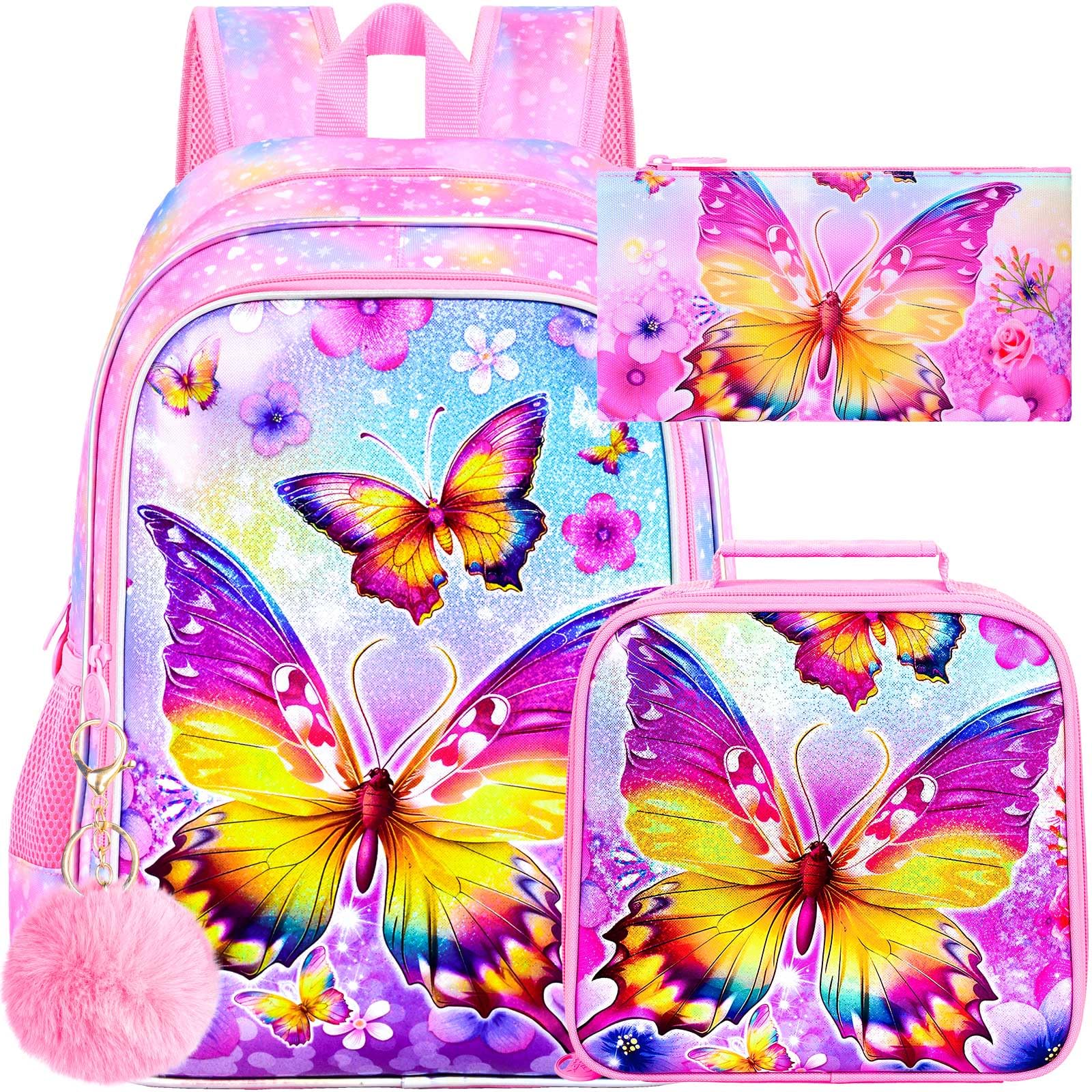 CCJPX 3PCS Kids Backpack for Girls, 16 Inch Butterfly Preschool School Backpacks with Lunch Box, Water Resistant Bookbag for Elementary Toddler Travel