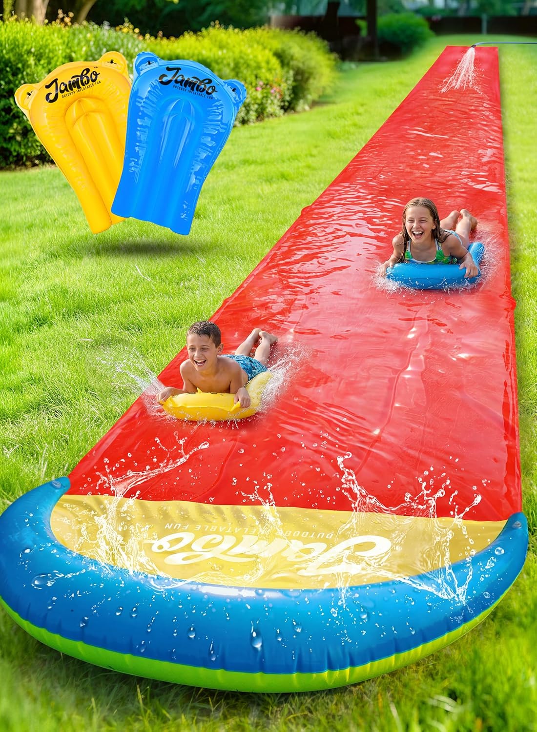 JAMBO 40Ft 3XL Updated Mega Slip Splash and Slide and 2 Bodyboards, Heavy Duty with Inflatable Crash Pad, Slide Splash Mat Outdoor Splash Mat n Backyard Water Toys