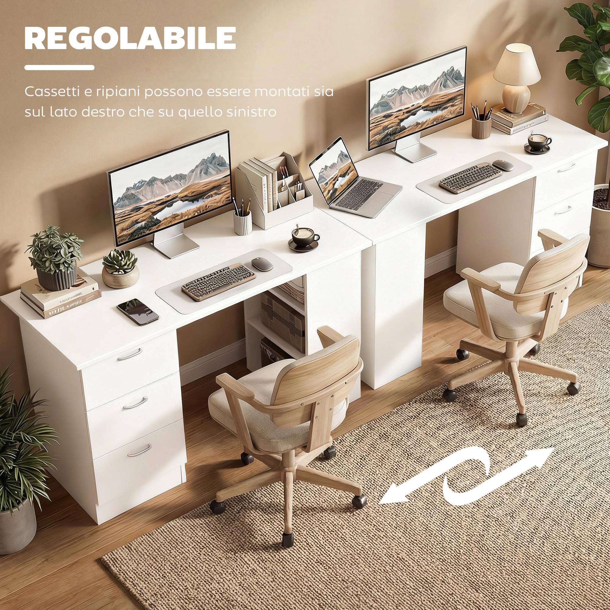 HOMCOM Scrivania Porta PC con 3 Cassetti e 3 Ripiani, Scrivania per Camera e Ufficio in Legno 120x49x72cm Bianco