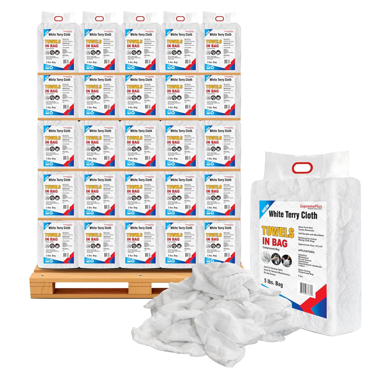 Premium White Terry Cloth Rags 600 lbs Pallet 120x5 Bag Super Absorbent Cotton Towel Cleaning Rags for Garage