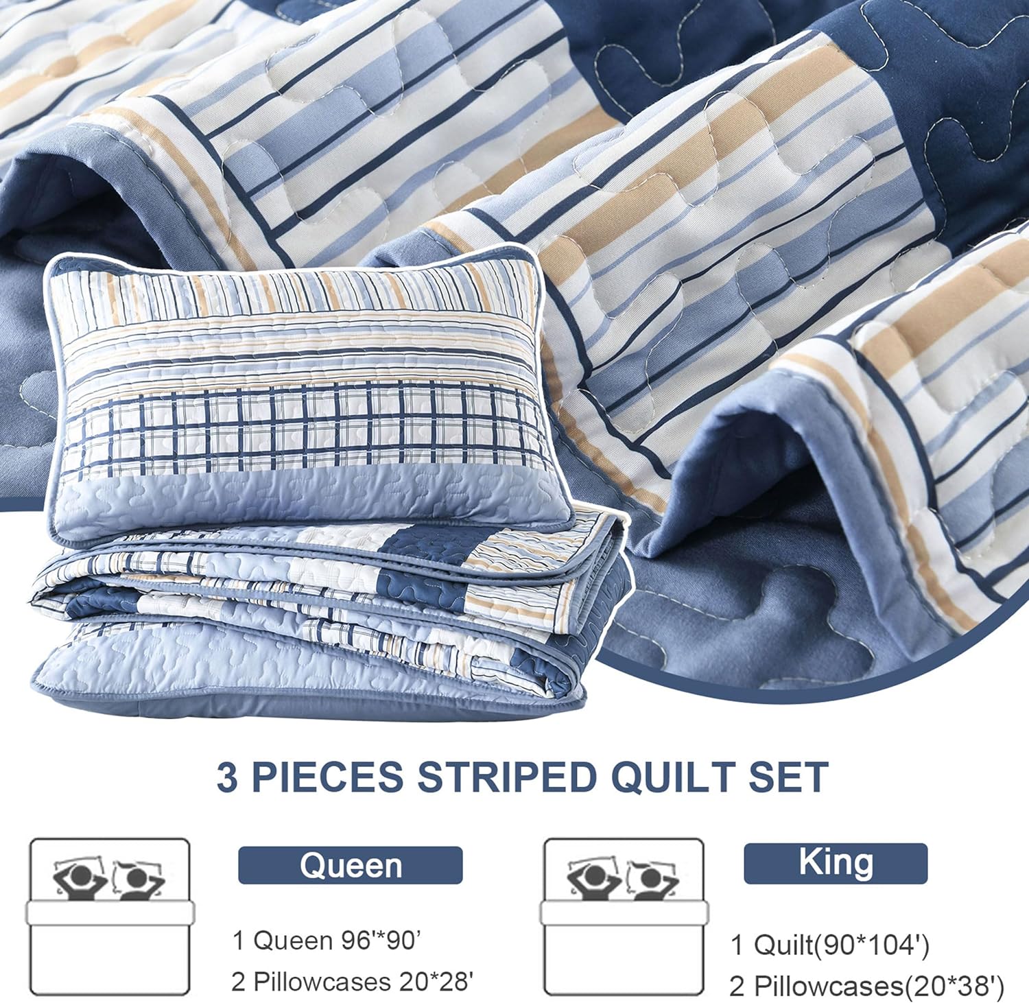 DJY Navy Blue Striped Quilt Queen Size, Boho Blue Tan Striped Bedspread Coverlet Set Soft Microfiber Bohemian Patchwork Quilt Bedding Set 3 Pieces for All Season - Image 6