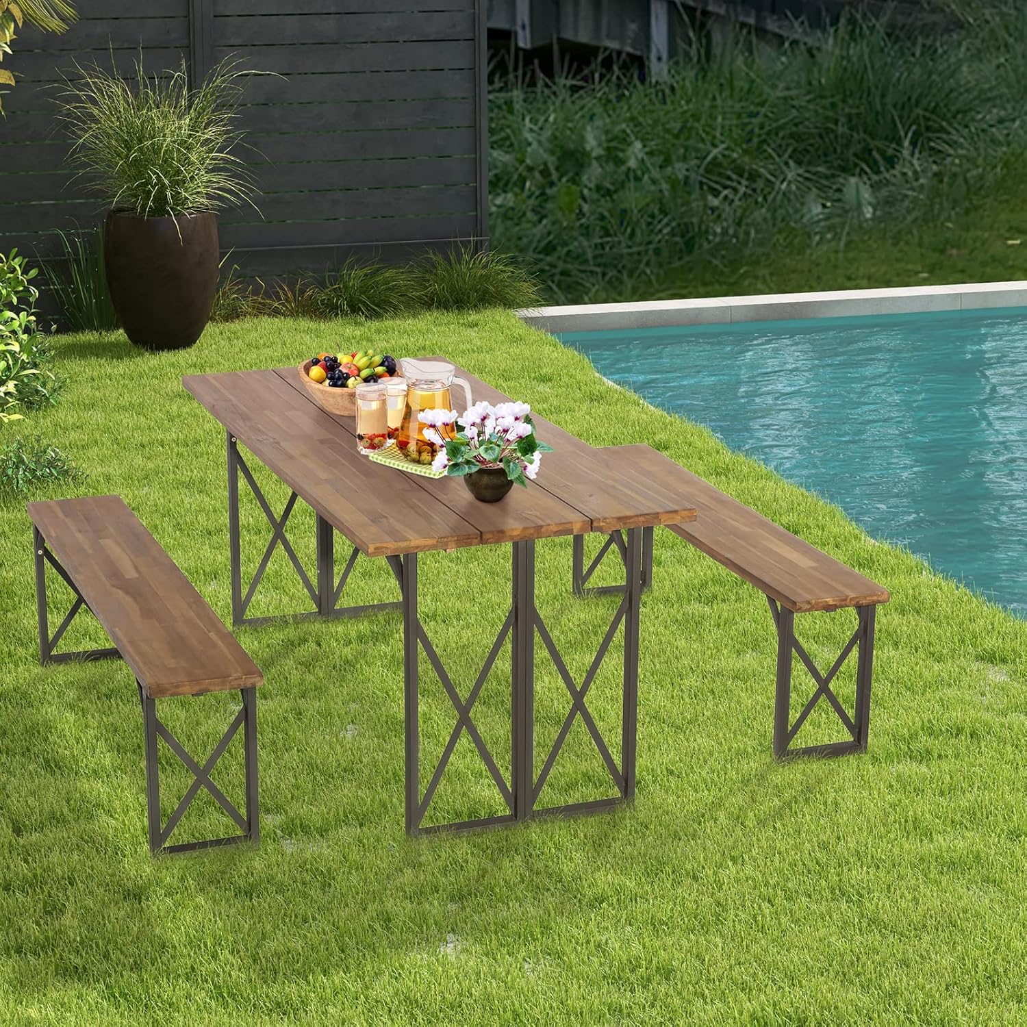 Tangkula 3 Piece Picnic Table Bench Set, Outdoor Acacia Wood Picnic Table with 2 Benches, 2-Inch Umbrella Hole, Heavy-Duty Metal Frame, Space-Saving Outside Table and Bench Set for Backyard, Patio