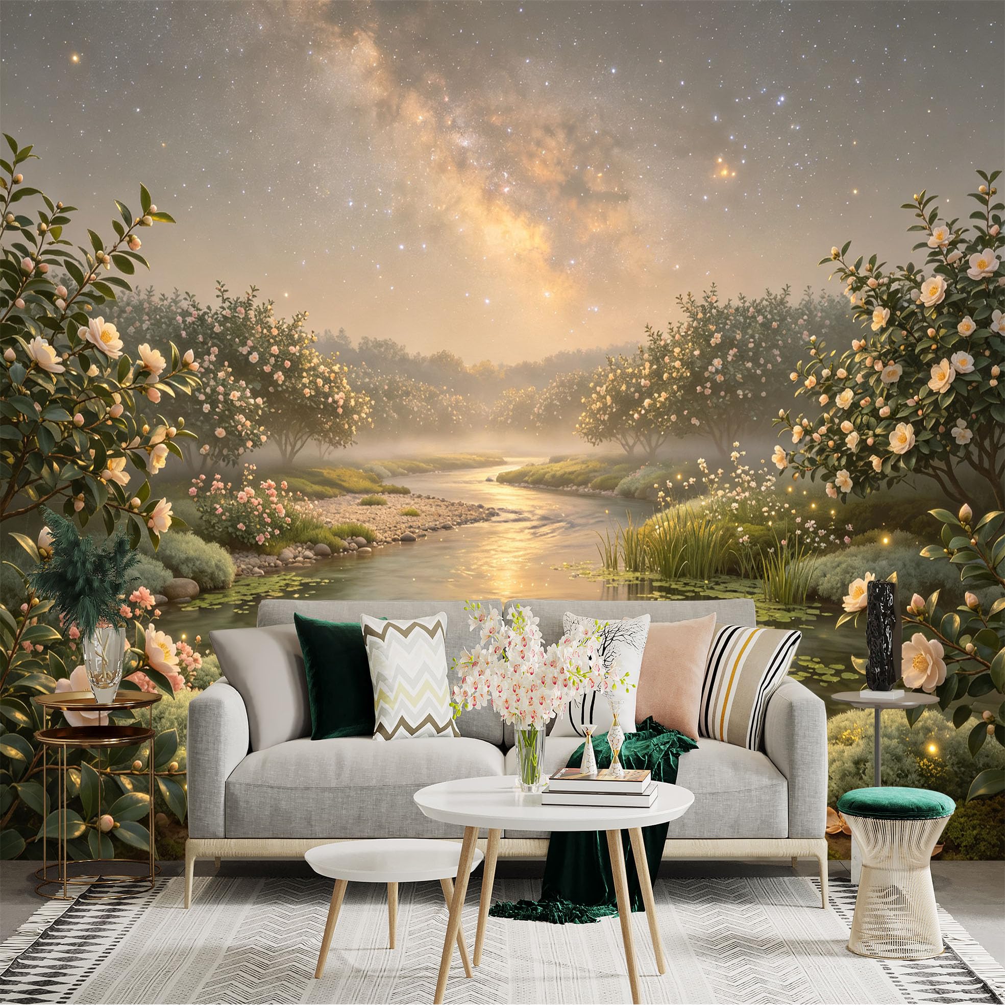 Lnzczhyre Bh260719370 Custom Size Wall Sticker Mural， Dreamy Riverbank With Blooming Flowers， Milky Way Sky And Soft Mist， For Wall Decoration， Peelandstick Wall Decals.