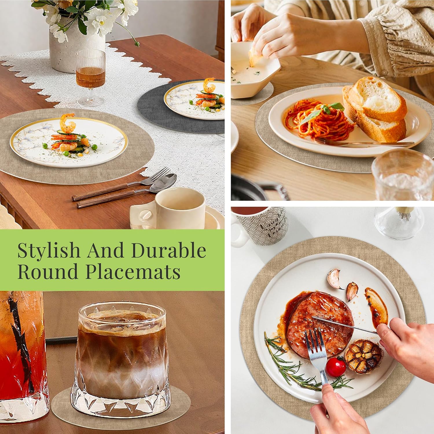 13-Inch Faux Leather Round Placemats Set of 12, Waterproof Anti-Slip Dual Sided Place mats, Heat Resistant Washable Table Mats with Coaster, Suitable for Indoor & Outdoor (12, Black Light Coffee)