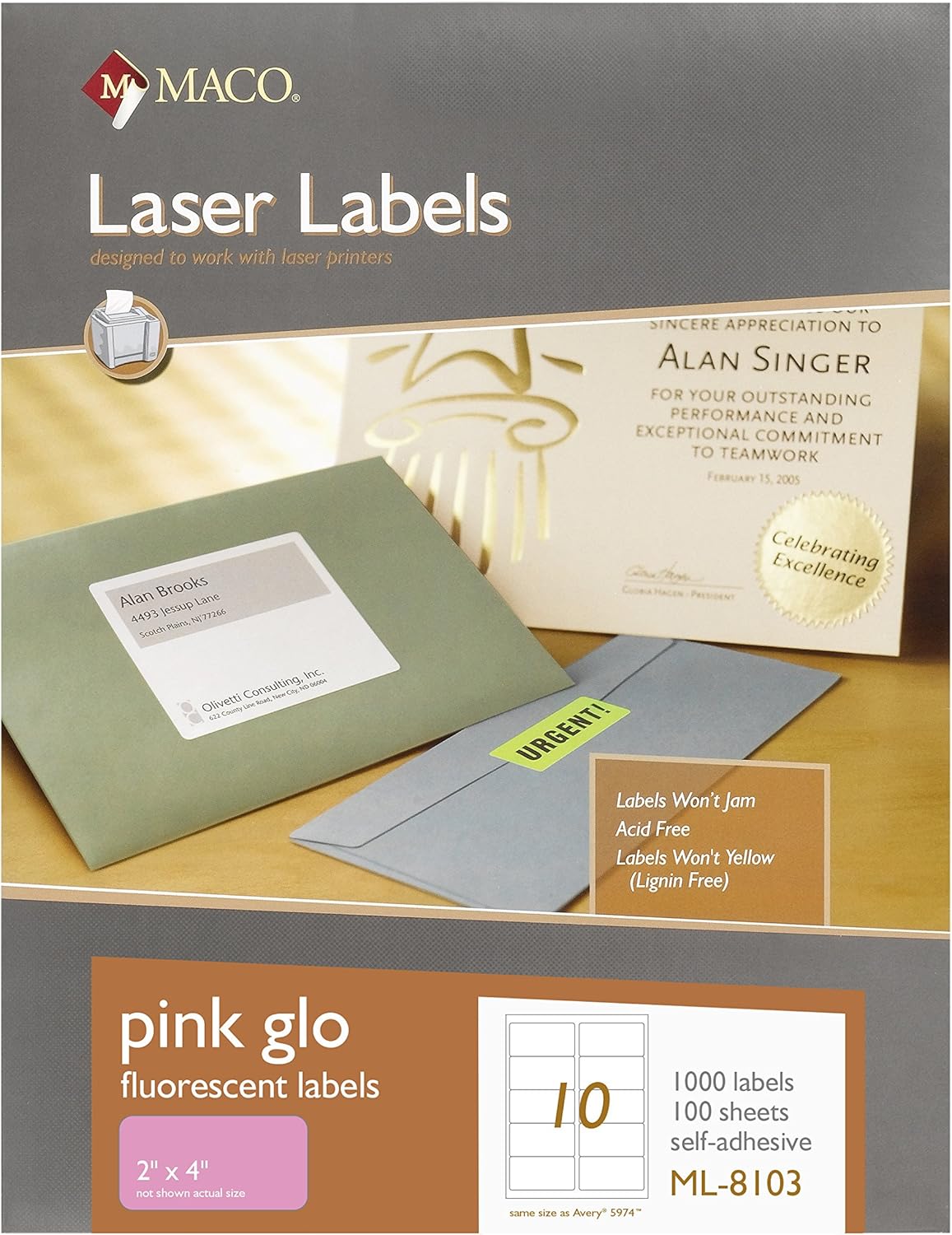 MACO Laser Pink Fluorescent Labels, 2" x 4", 10 per Sheet, 1000 per Box (ML-8103)