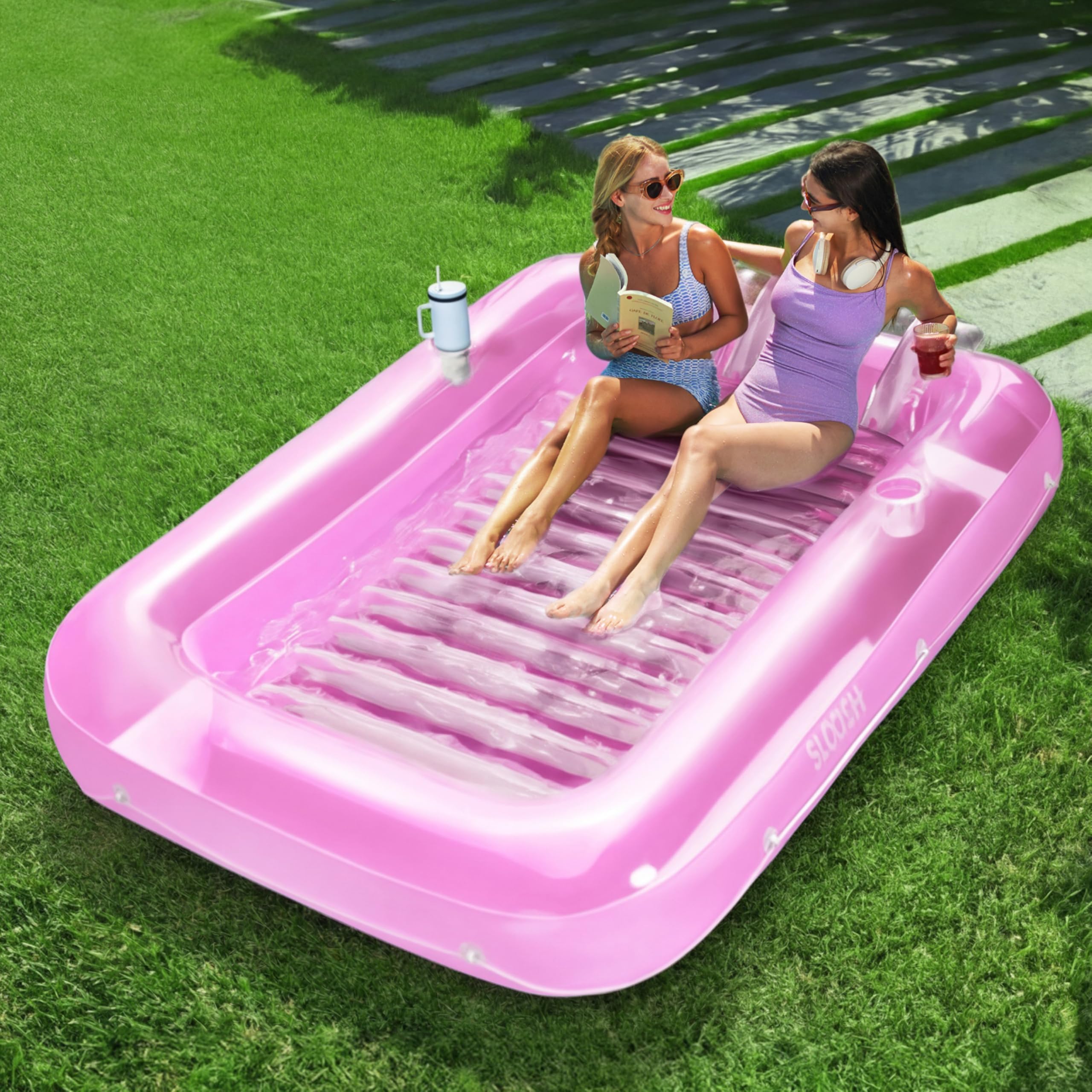 SLOOSH Inflatable Tanning Pool Lounger Float, 85" x 57" Extra Large Pool Floats Adult with Pillow, 4 in 1 Suntan Tub Raft Floatie,Sunbathing Bed Lounge for Water Blow Up Ball Pit, XL-Pink White