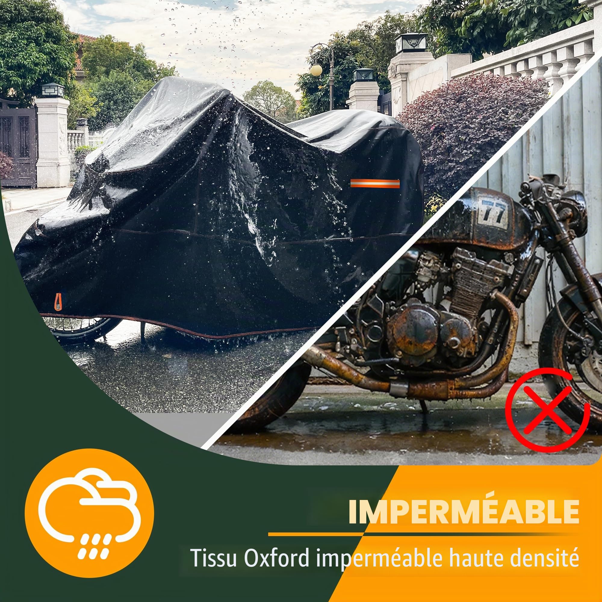 Enzeno Housse Moto Exterieur Impermeable,Bache Moto Interieur 210D Protection au Pluie Poussière UV Hiver Été,Couverture pour Scooter Mobylette Street/Aventure/Cruiser/Touring - 275x105x125cm