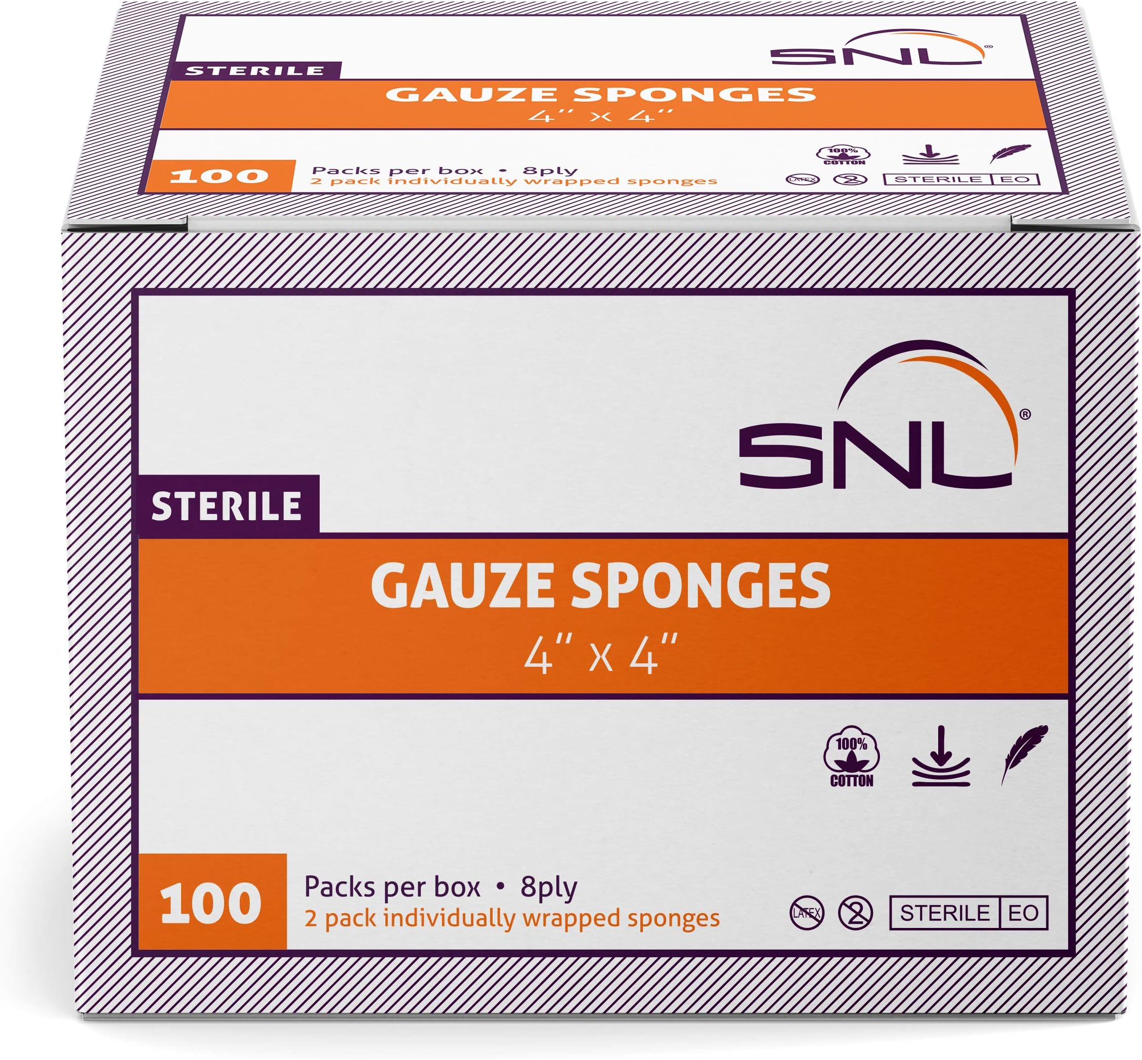 SNL - 4" X 4" - 8 Ply - 100 Packs - Sterile Gauze Pads, Latex-Free - 2 Sponges Per Pack