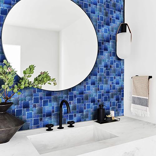 Miniatura 3 de Blujellyfish Azulejos de mosaico de vidrio azul con patrón francés, láminas de mosaicos cuadrados iridiscentes de vidrio azul cobalto de cerámica