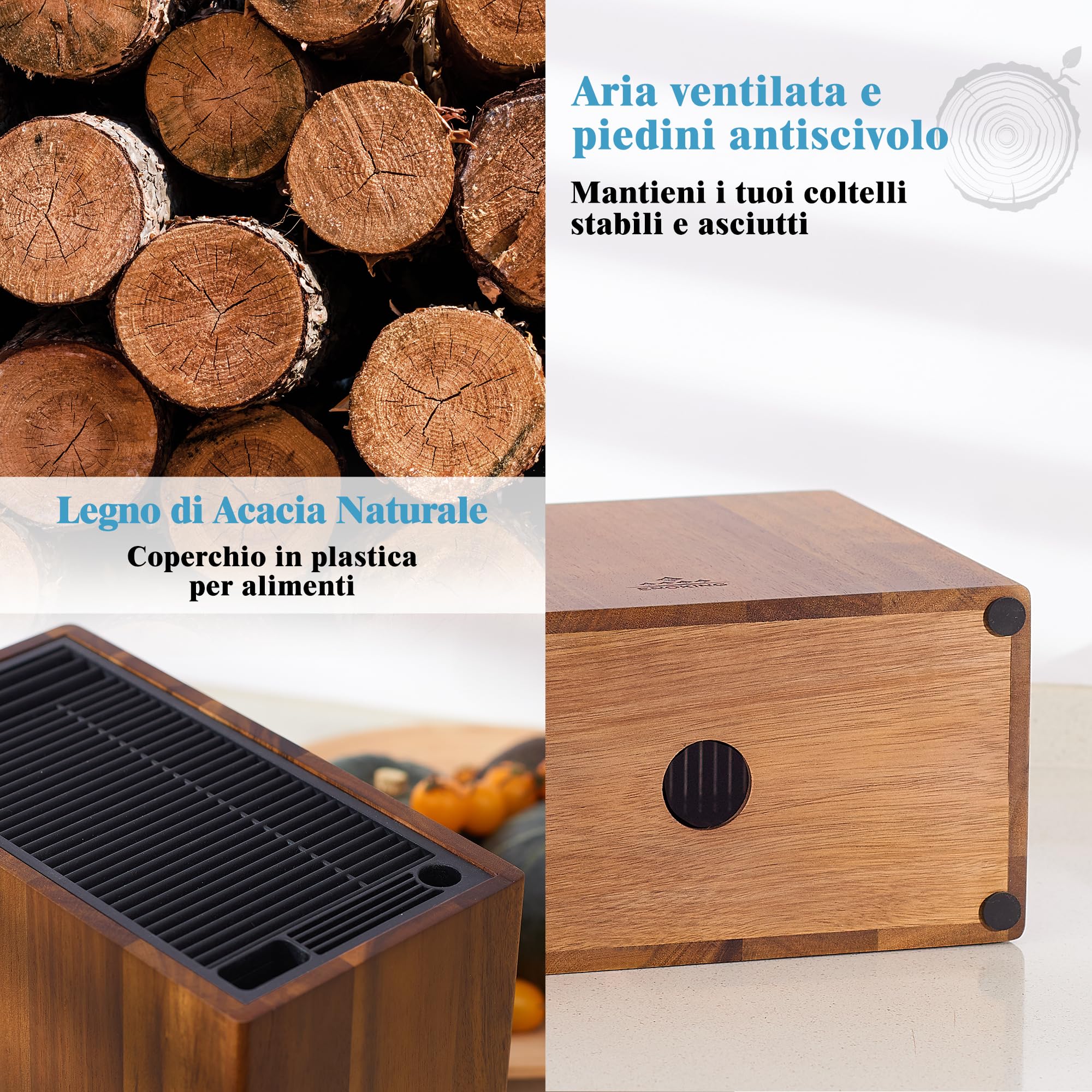 ENOKING Porta Coltelli Cucina in Legno di Acacia, Portacoltelli da Cucina Universale Con coperchio in Plastica, Ceppo Coltelli Vuoto di Alta Qualità per Coltelli/Bastoncini per Affilare