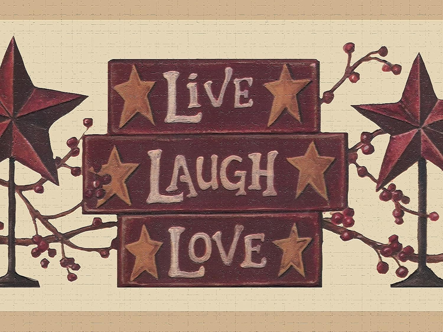 Dundee Deco Wallpaper Border Peel and Stick DDAZBD9167 Stars Red Beige Live Laugh Love Wall Border Retro Design, 15 ft x 7 in (4.57m x 17.78cm), Self Adhesive