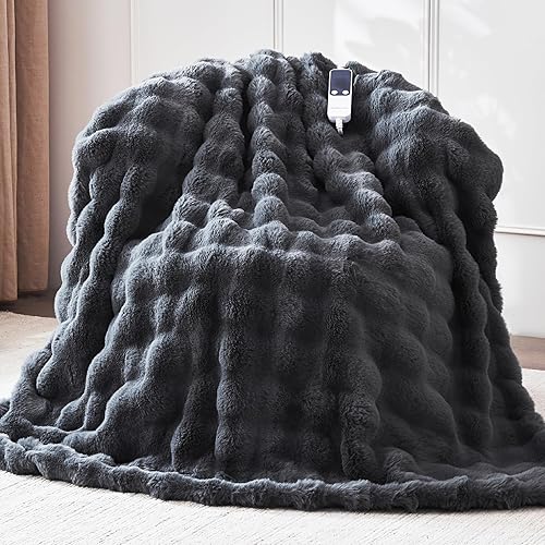 Heated Blanket Throw 50''x60'', Fast Heating Electric Blanket Ultra-Soft Faux Rabbit Fur with 5 Heat Levels & 5H Auto Shut-Off, Overheat Protection, Machine Washable