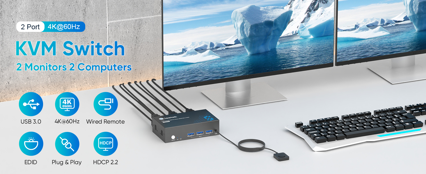 Unitek HDMI KVM Switch für 2 Monitore und 2 Computer, 4K@144Hz, USB 3.0 KVM-Switches, Dual-Monitor-Sharing, 3 Ports für Tastatur, Maus, Mikrofon, Kopfhörer-Ports, 2 USB-A-Kabel, DC 5V-Netzteil