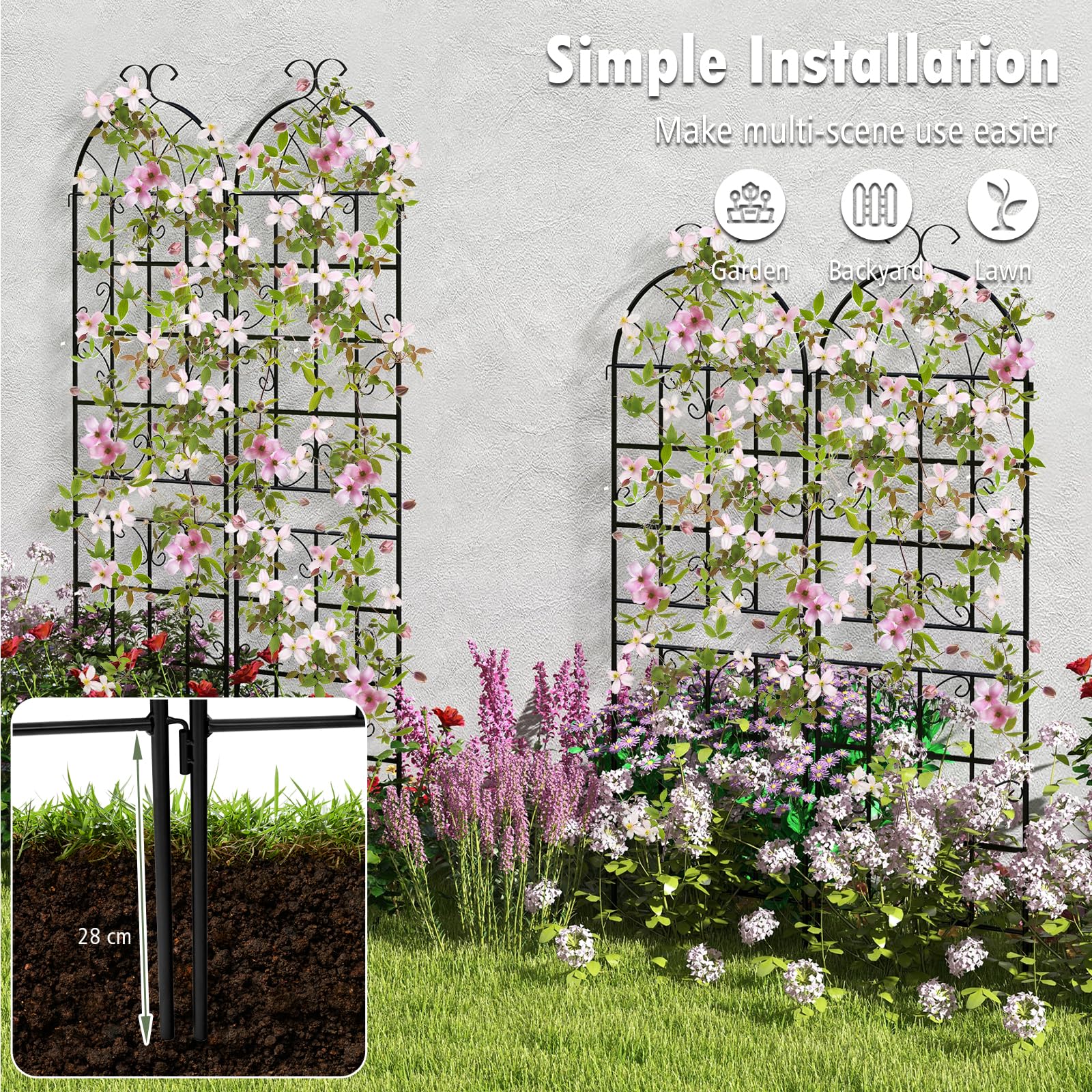 HOMASIS Traliccio per Rampicanti di 2 Pezzi, Pannelli Decorativi per Recinzione da Giardino in Metallo, Graticcio per Piante Rampicanti, Grigliato Divisorio Decorativo, 50x180 cm, Nero