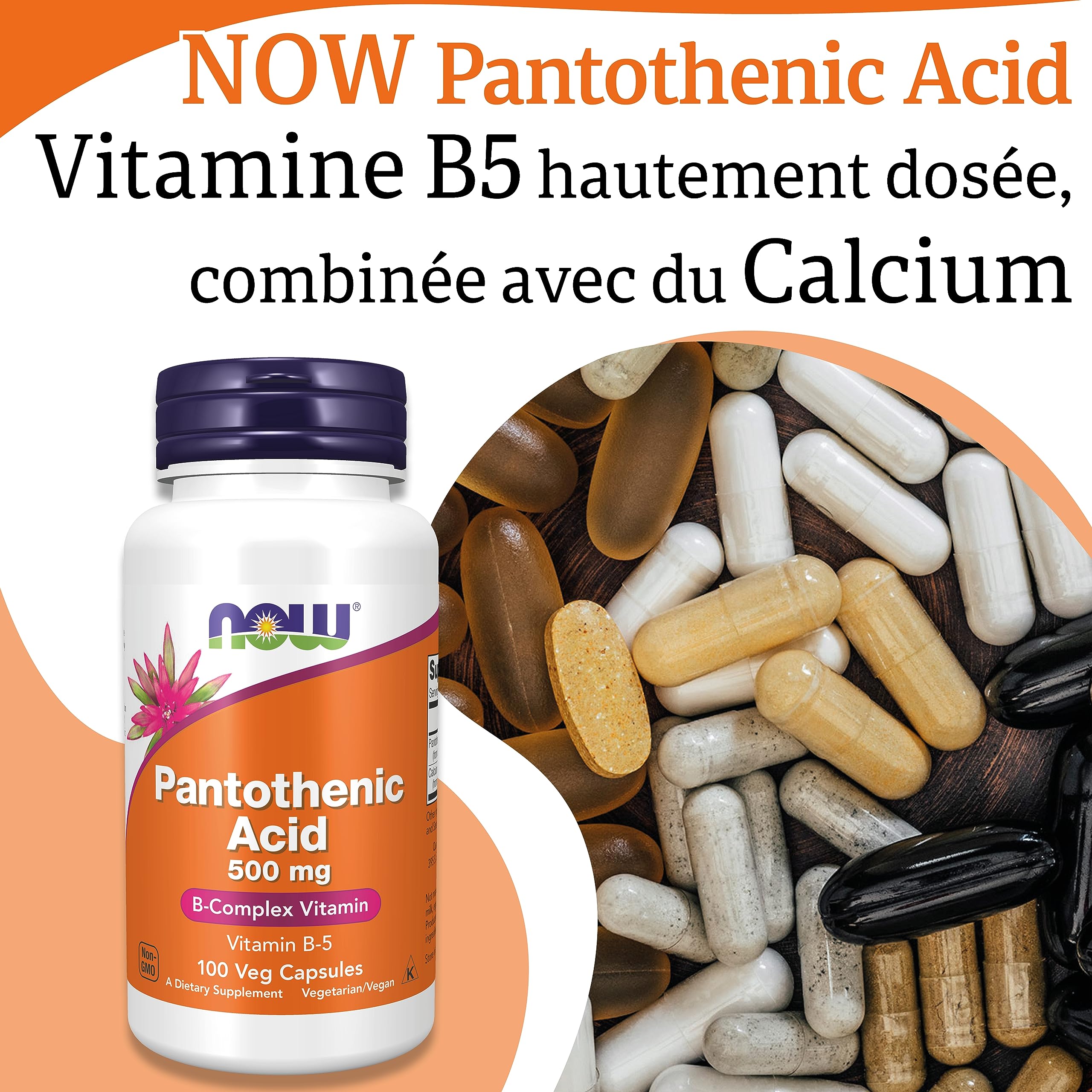 Now Foods, Pantothenic Acid (Acide Pantothénique), 500 mg, 100 Gélules végétaliennes, Testé en Laboratoire, Vitamine B5, Fortement Dosé, Sans Gluten, Sans Soja, Végétarien