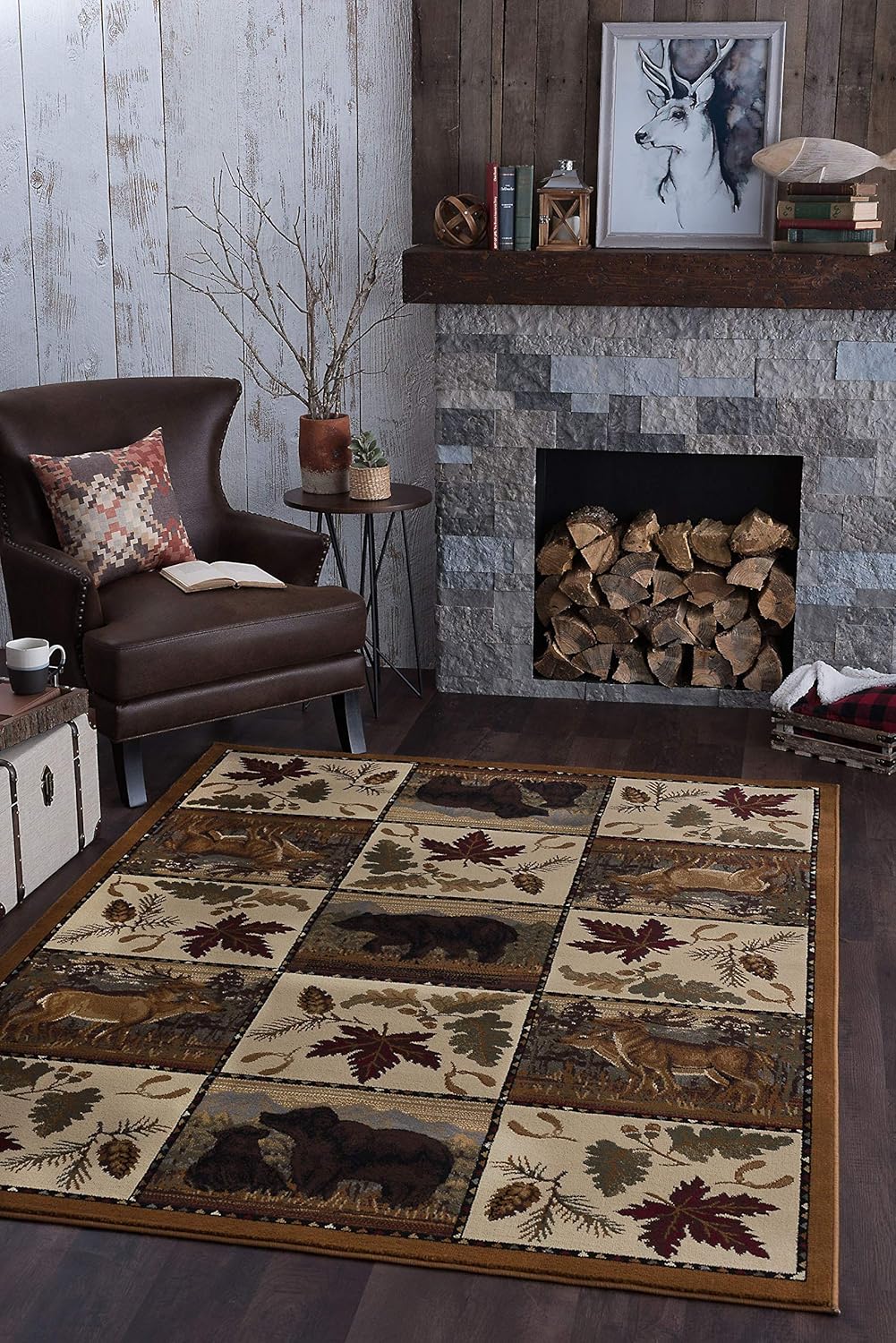 Tayse Portrait Wildlife Beige 5x8 Rectangle Area Rug Cabin for Living, Bedroom, or Dining Room - Lodge, Novelty