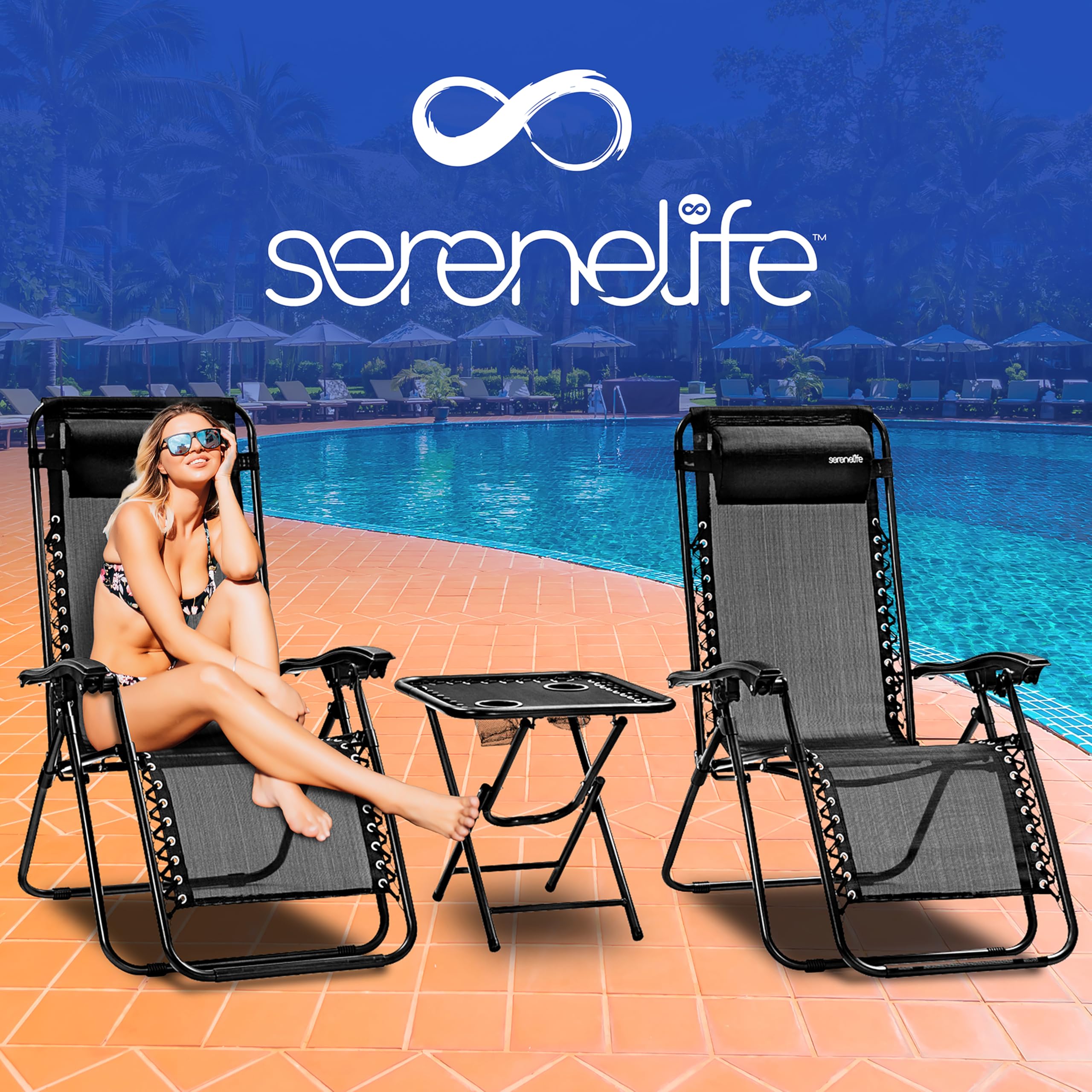 SereneLife Set de 2 Chaises Pliantes - Chaise Longue Réglable pour Extérieur avec Table Latérale, Porte-Gobelets, Oreillers Amovibles - Patio, Jardin, Plage - Noir