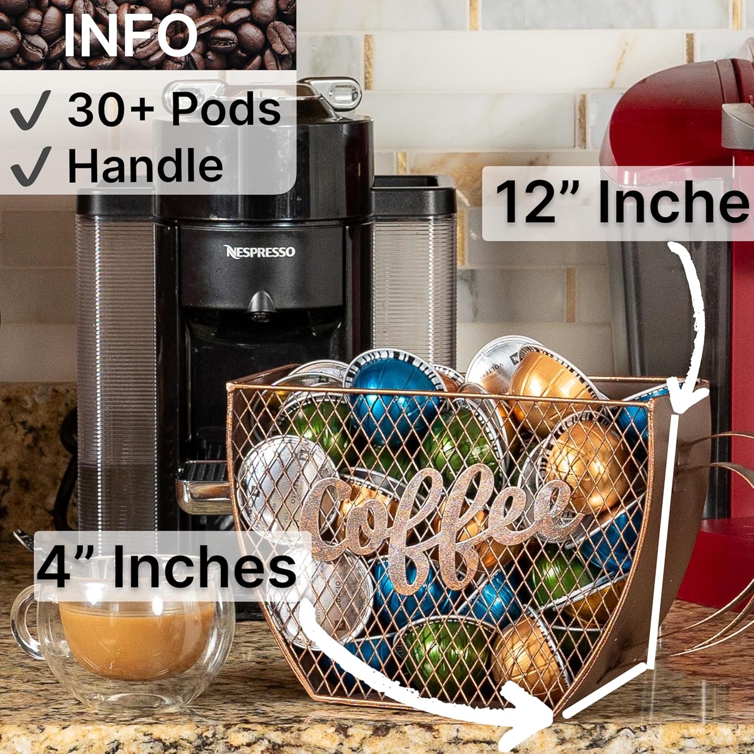 Made Easy Kit Coffee Pod Organizer Compatible with Nespresso Vertuo and Original - Countertop Sculpture Holder Basket Style for Café Bar, Corner Station Office Break Area (Mountable Mug Vintage)