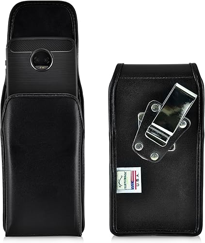 Turtleback Funda para cinturón compatible con Motorola Moto Z2 Force Funda vertical negra de cuero con clip giratorio para cinturón de trinquete