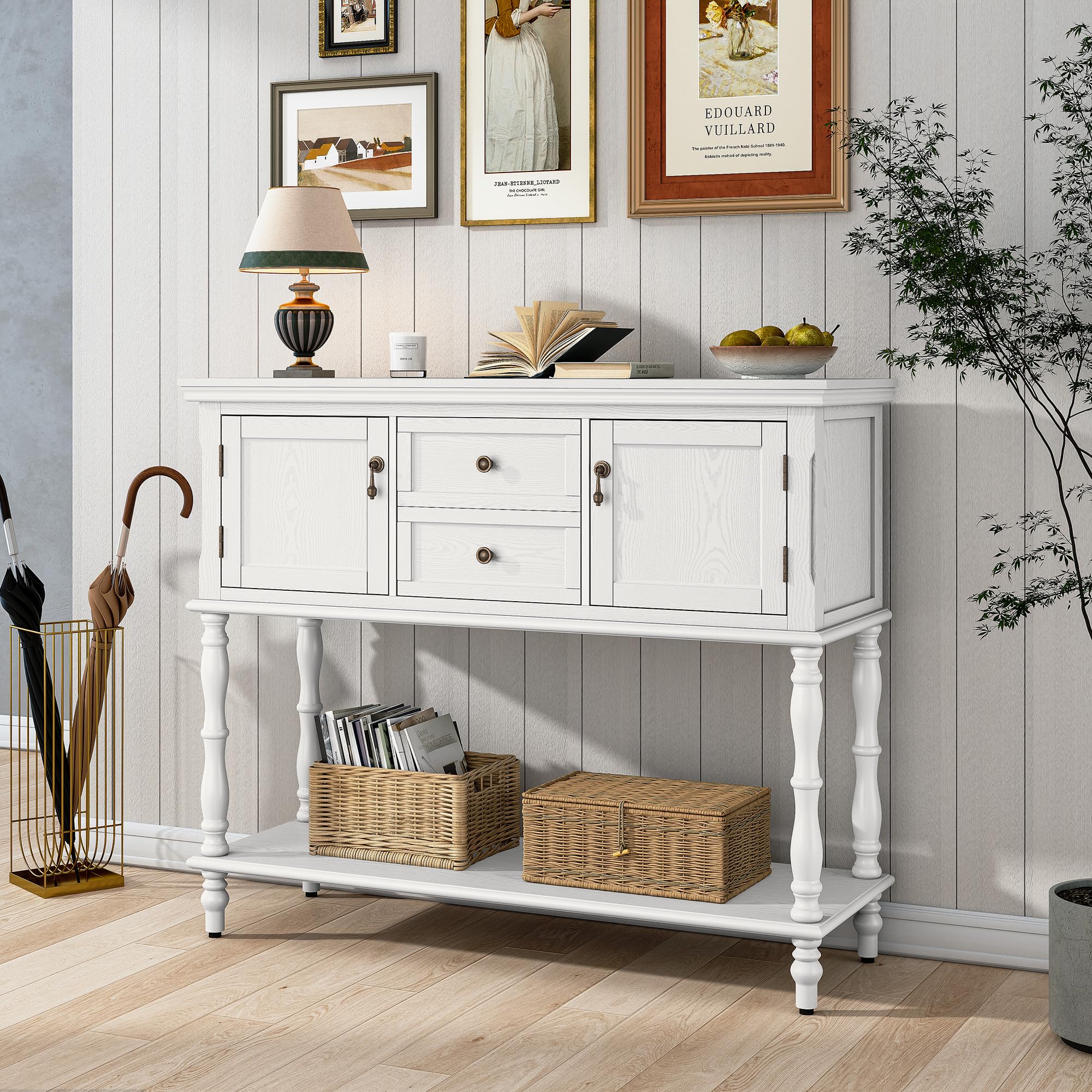 ARTPOWER Console Table with 2 Drawers, Retro Entryway Table with 2 Door Cabinets and Open Storage Shelf, Narrow Long Behind Couch Sofa Table for Living Room, Foyer, Hallway, White