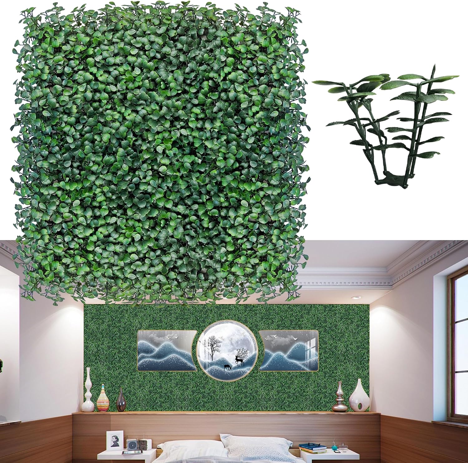 Artificial Grass Wall Panels Backdrop,13.15 X 13.15 in 12P (14.5 sqft) UV-Anti New Bottom Plate Greenery Boxwood Panels for Indoor Outdoor Green Wall Decor & Ivy Fence Covering Privacy 13"X13" 12P Green