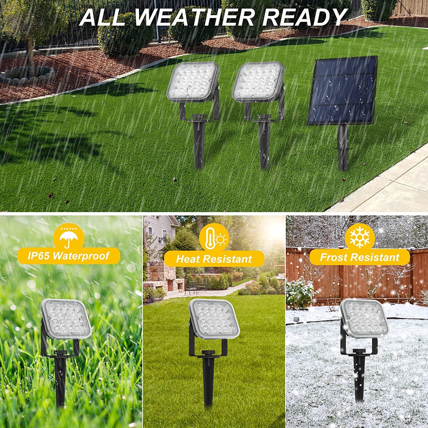 NATPOW Foco Solar Exterior para Jardín, Focos Led Exterior Solares 4 en 1, Luz Solar Jardin Impermeable IP65, Foco Solar Auto-ON/OFF para Árboles, Patio, Sendero de Jardín (3000K)