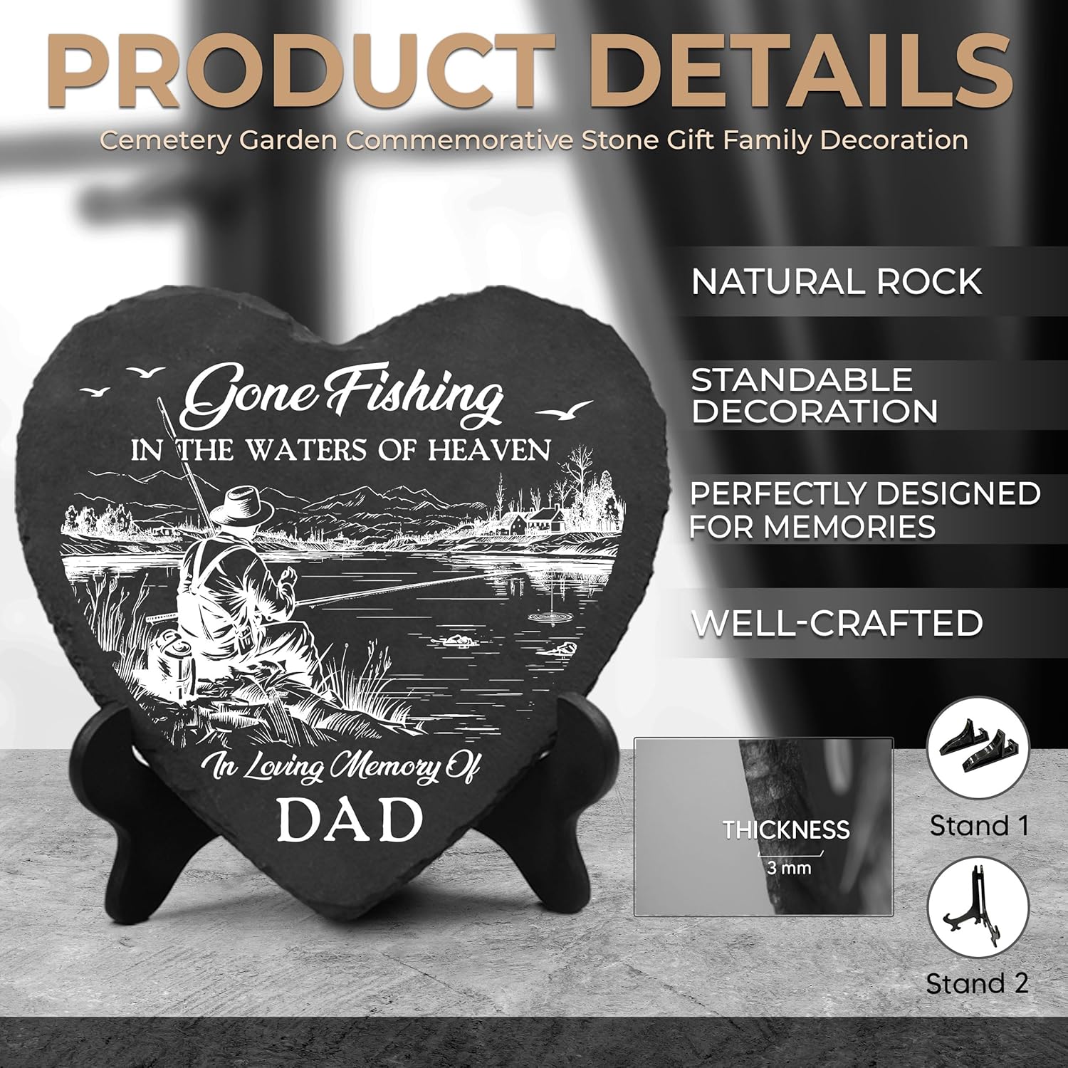 Memorial Stone Loss of Dad Fishing, Gone Fishing in The Waters of Heaven, Sympathy Gift Fisherman Stone for Loss of Dad on Fathers Day, Christmas