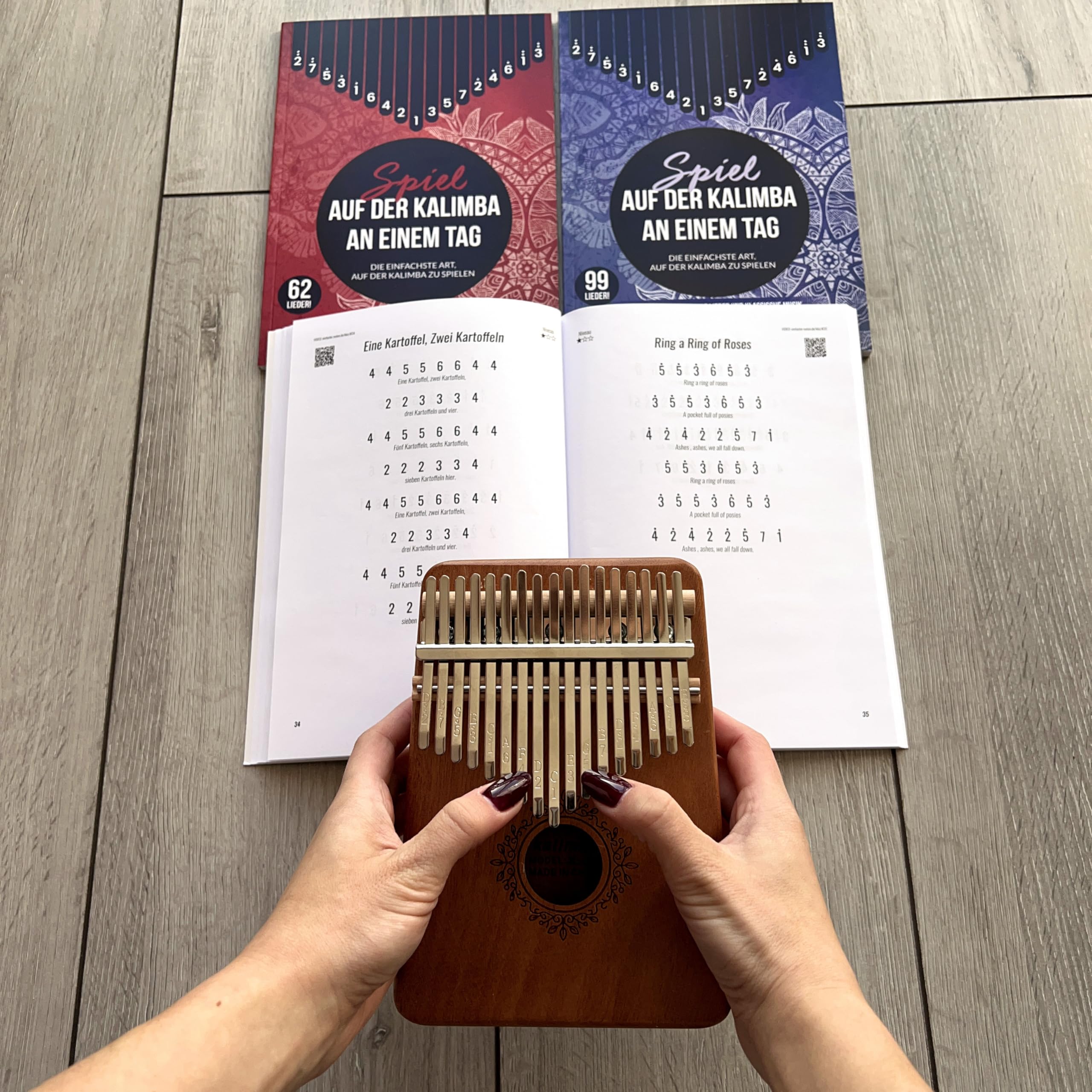 Spiel auf der Kalimba an einem Tag! Mega-Paket: Kalimba mit 17 Tasten + 3 Bücher für Anfänger + 246 einfache Lieder & Videoaufnahmen