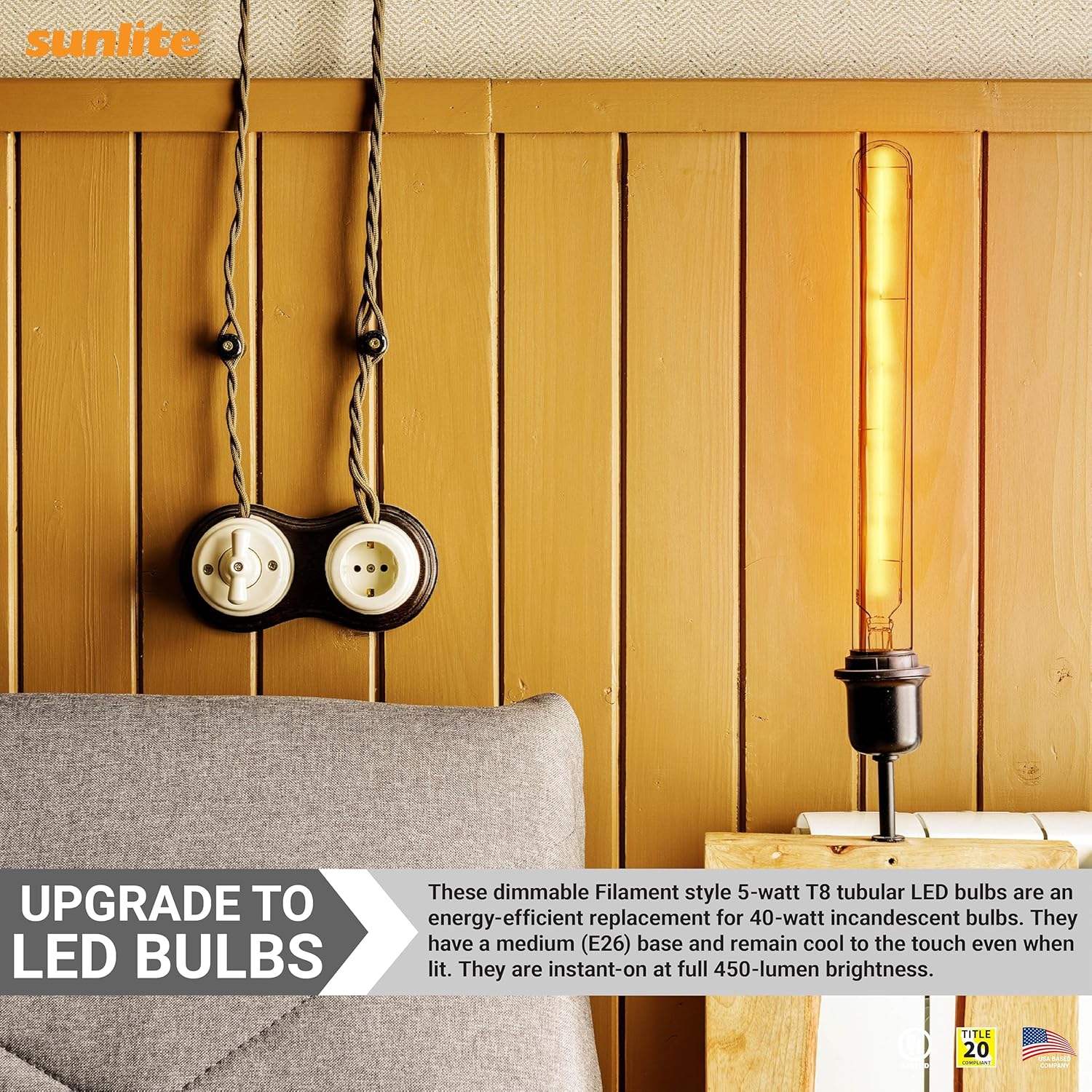Sunlite 41402 LED Filament T8 Tubular Light Bulb, 5 Watts (40W Equivalent), 450 Lumens, Medium E26 Base, Dimmable, 300 mm, UL Listed, 90 CRI, 2700K Soft White, 10 Count